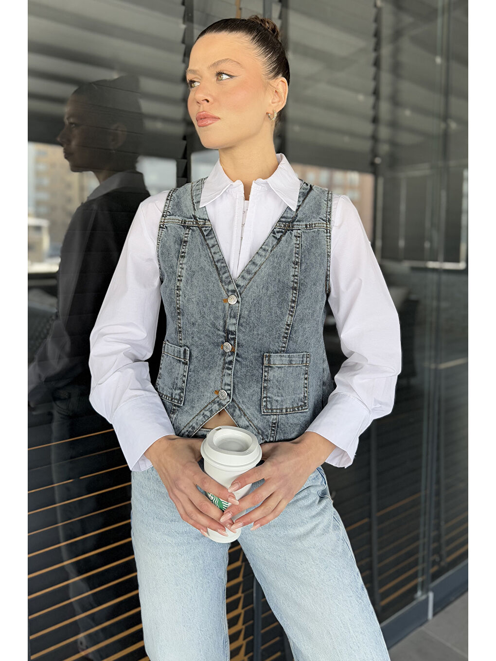 Lacivert Kadın Cepli Jean Yelek-1