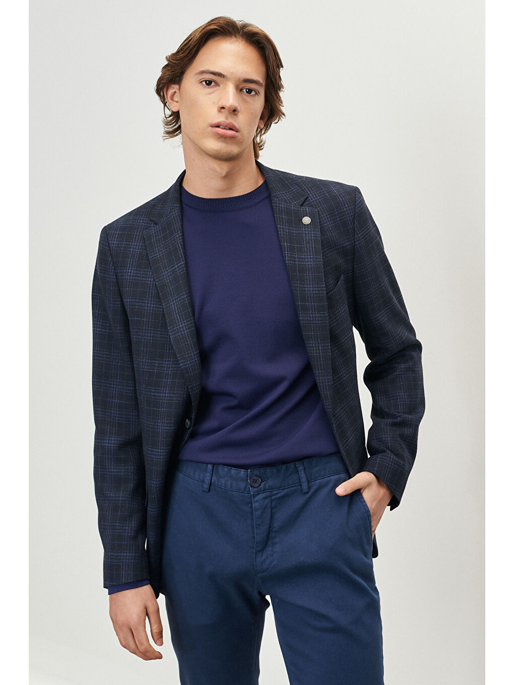 Erkek Lacivert Slim Fit Dar Kesim Mono Yaka Ekose Desenli Ceket-2