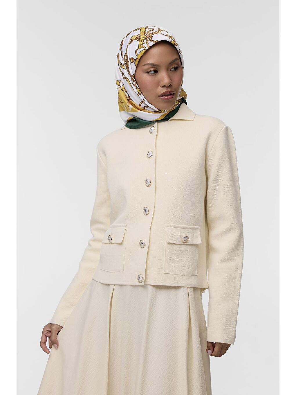 Yeşil Desenli Twill İpek Eşarp Aglae-1