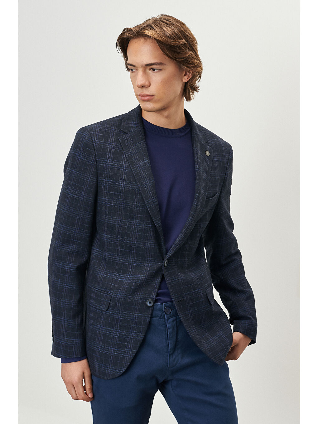 Erkek Lacivert Slim Fit Dar Kesim Mono Yaka Ekose Desenli Ceket-3