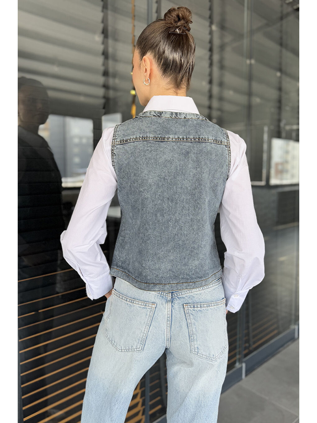 Lacivert Kadın Cepli Jean Yelek-2