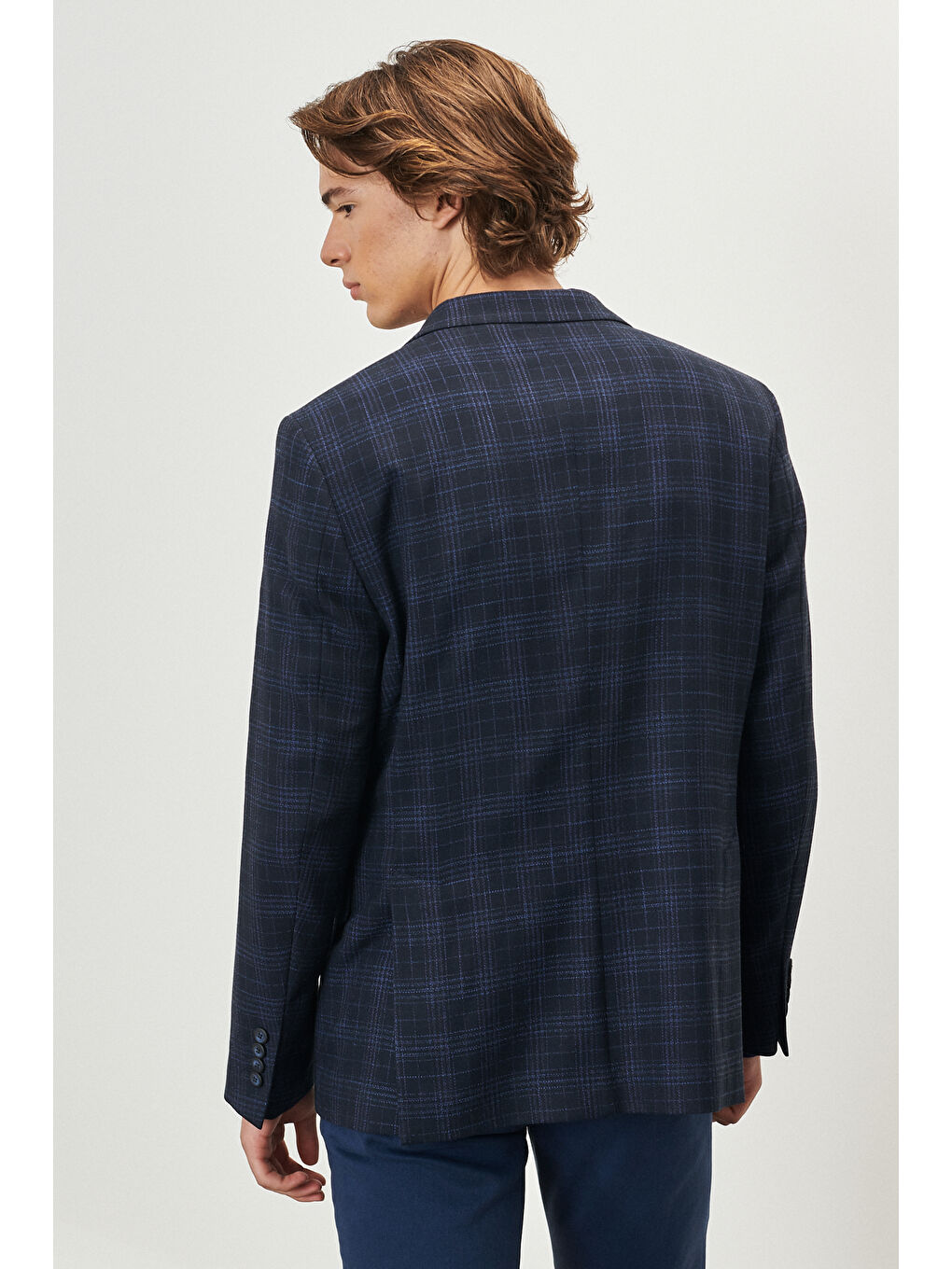 Erkek Lacivert Slim Fit Dar Kesim Mono Yaka Ekose Desenli Ceket-4