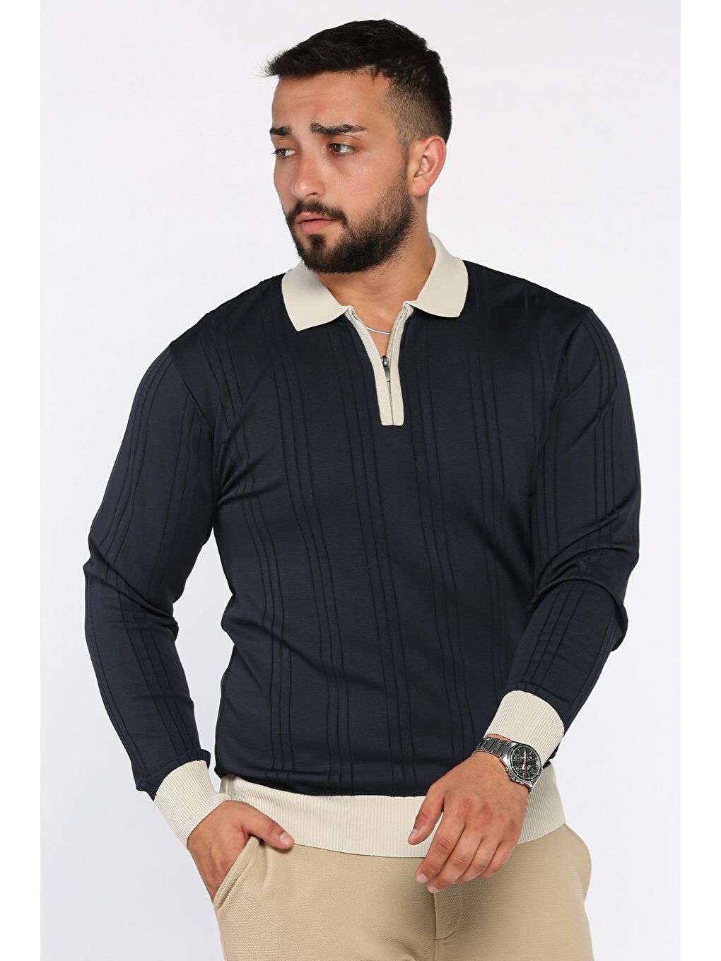 Lacivert Erkek Polo Yaka Fermuarlı Triko Kazak