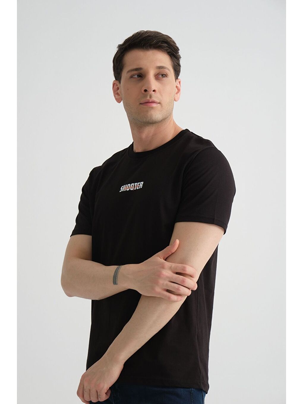 Siyah Shooter Erkek T-Shirt Minimal Baskılı Pamuklu Kumaş Standart Kalıp-5