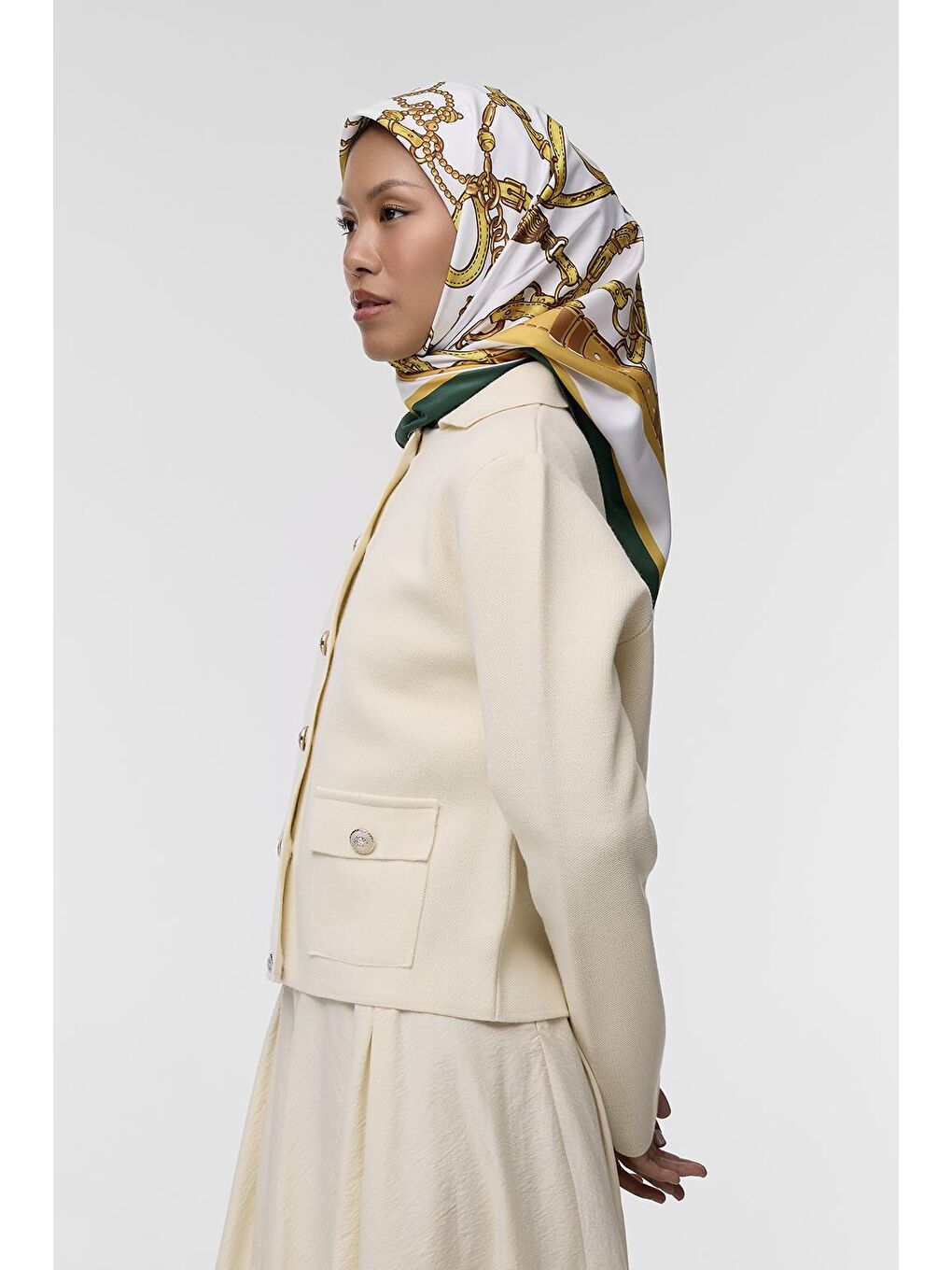 Yeşil Desenli Twill İpek Eşarp Aglae-3