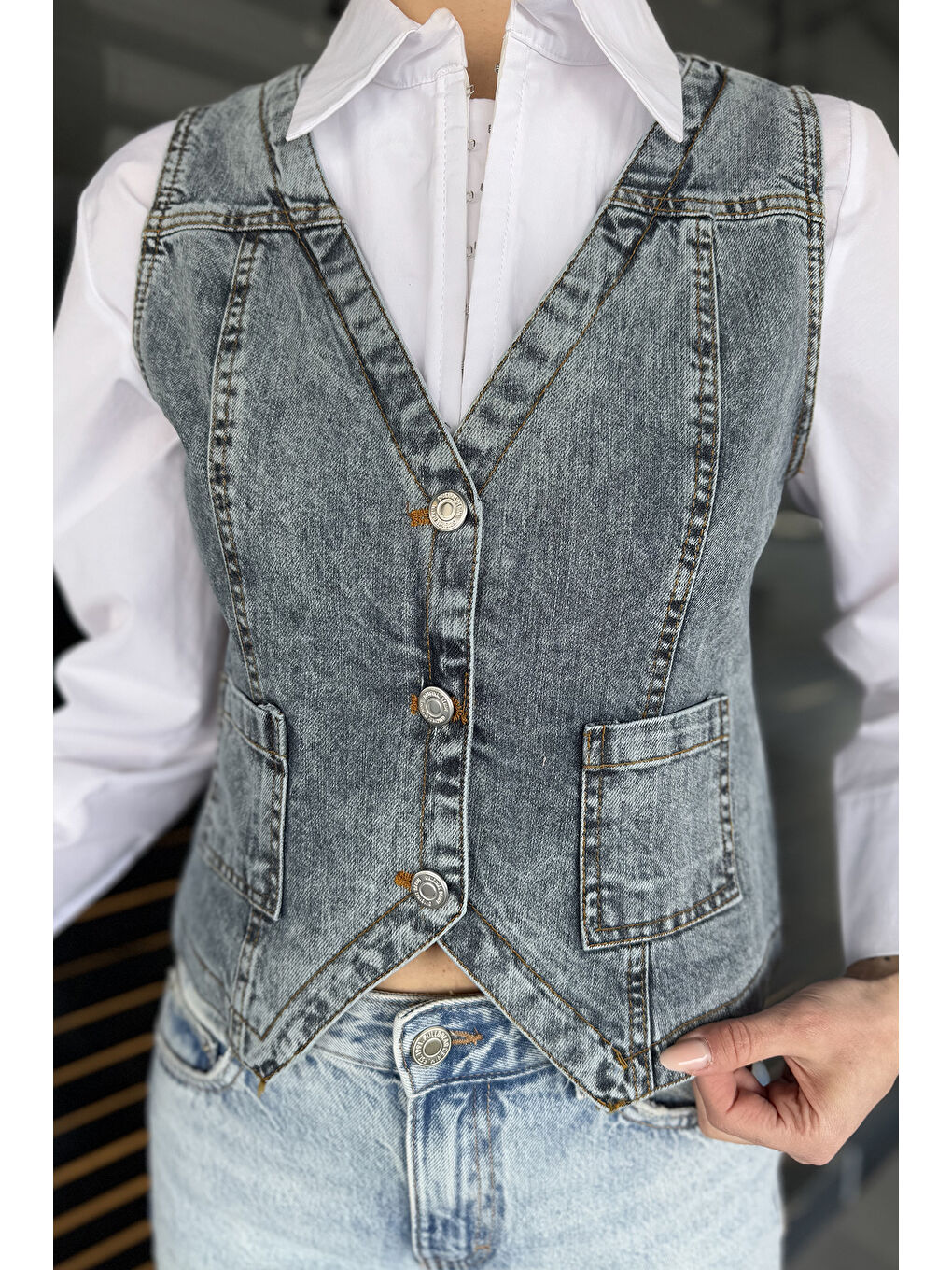 Lacivert Kadın Cepli Jean Yelek-3