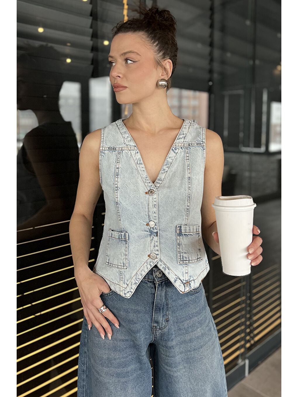 Mavi Kadın Cepli Jean Yelek