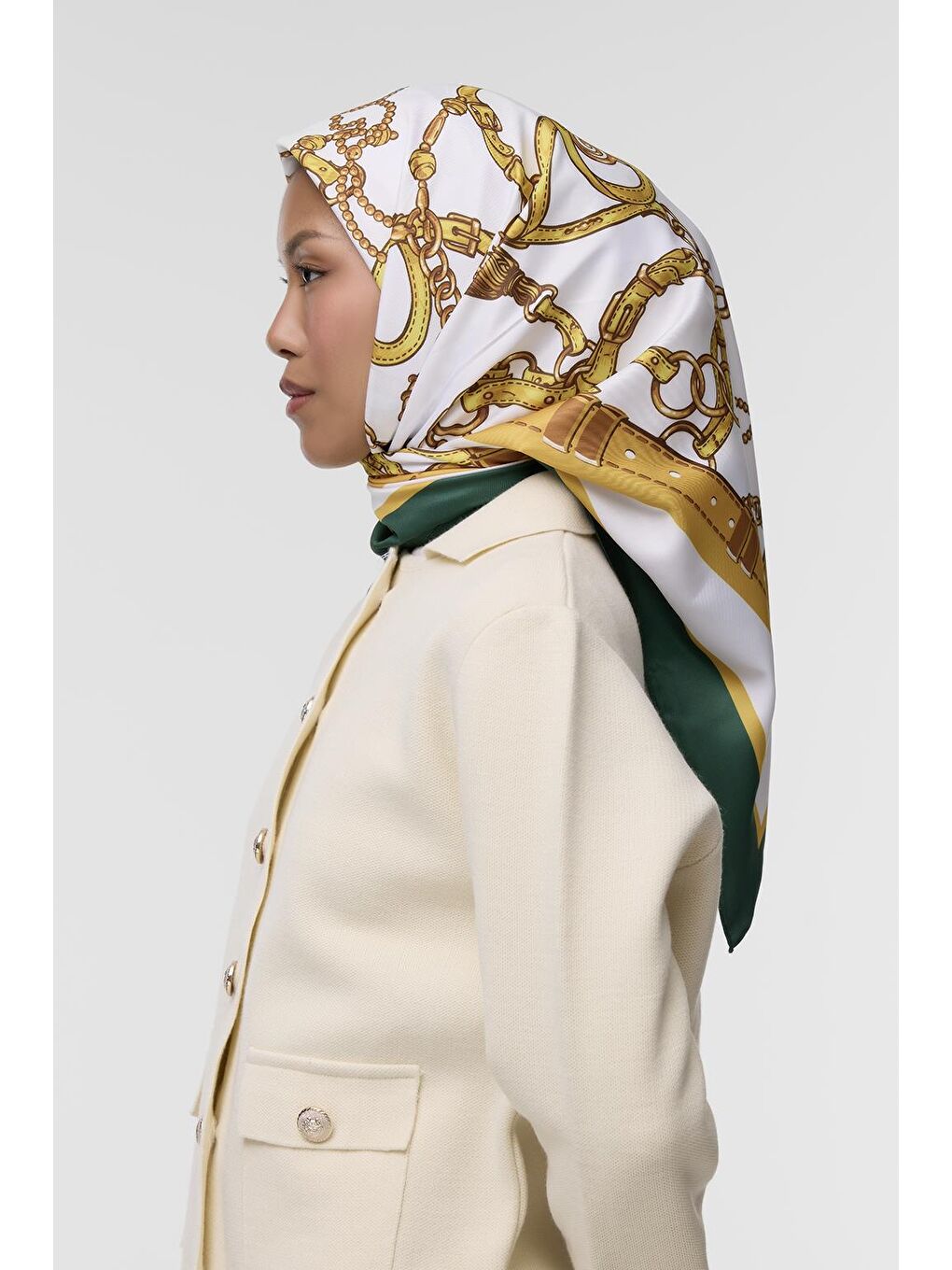 Yeşil Desenli Twill İpek Eşarp Aglae-4