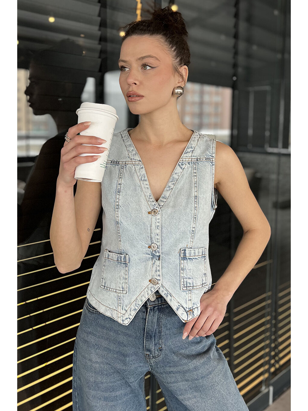 Mavi Kadın Cepli Jean Yelek-1