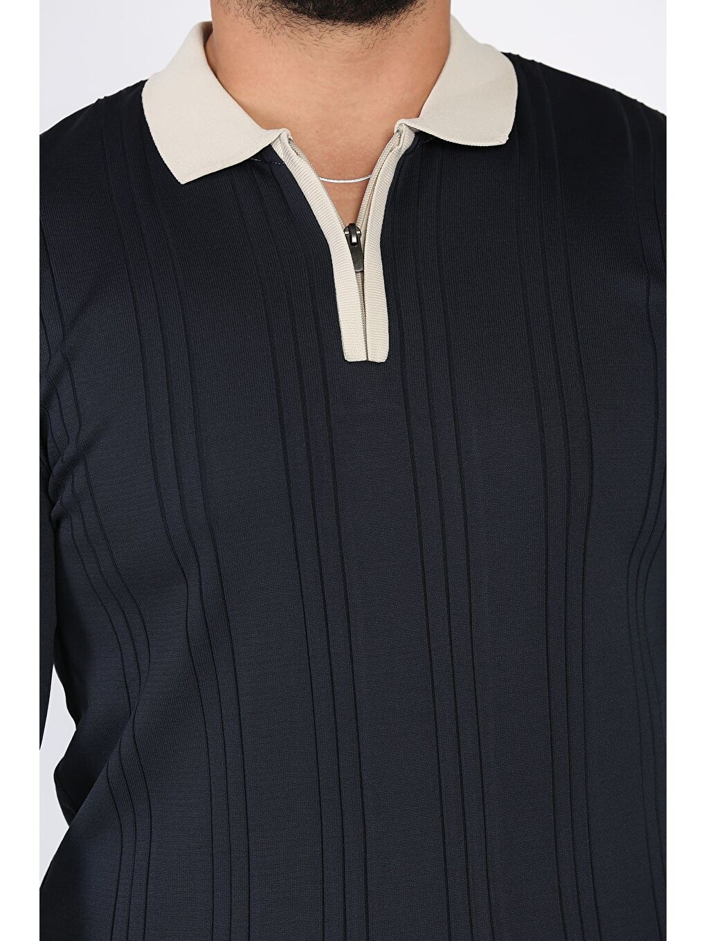 Lacivert Erkek Polo Yaka Fermuarlı Triko Kazak-3