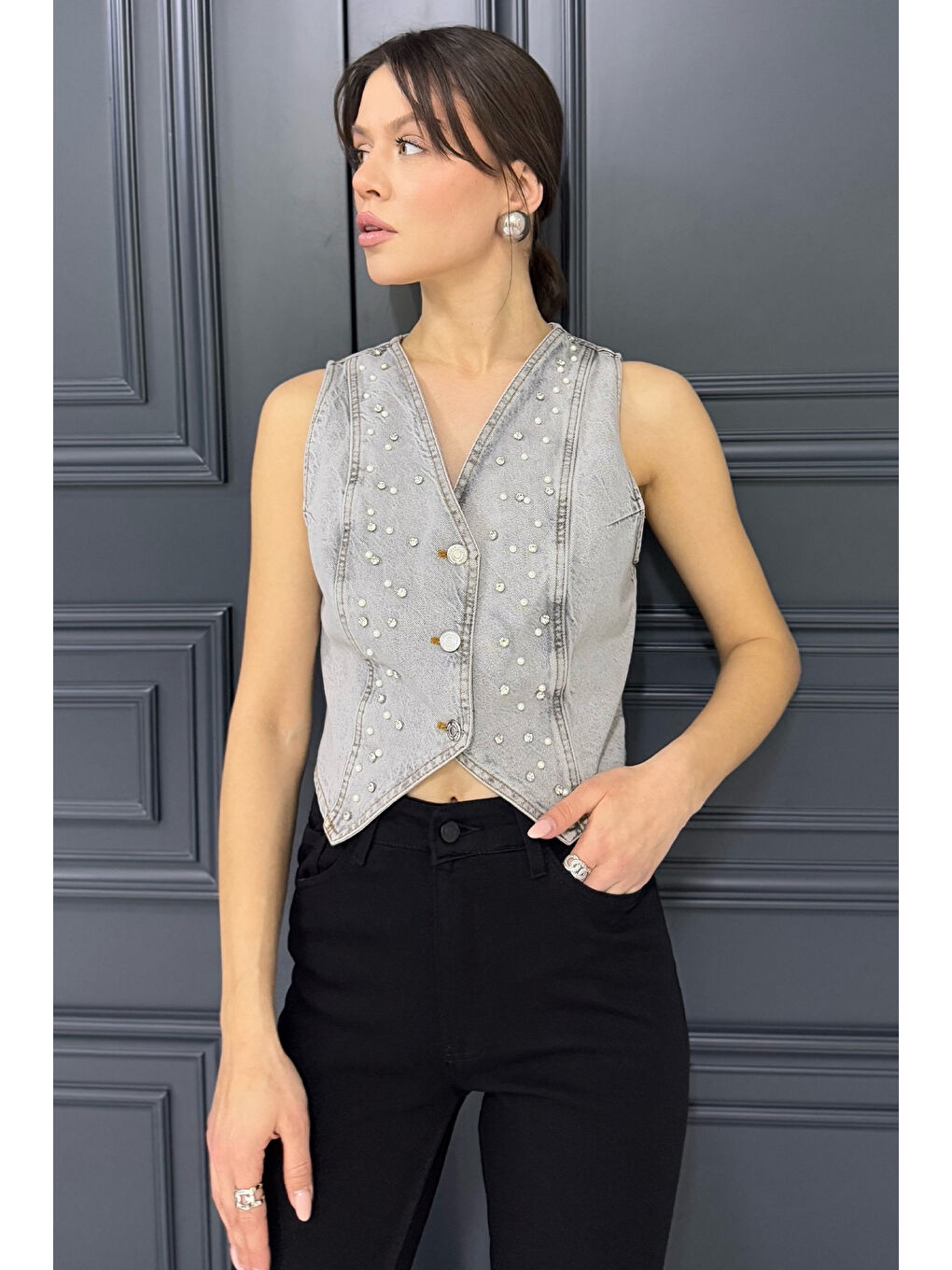 Gri Kadın Taşlı Jean Yelek-1