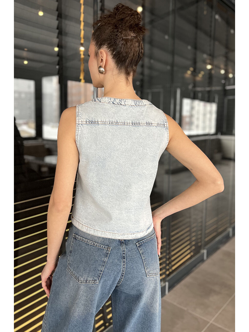 Mavi Kadın Cepli Jean Yelek-2