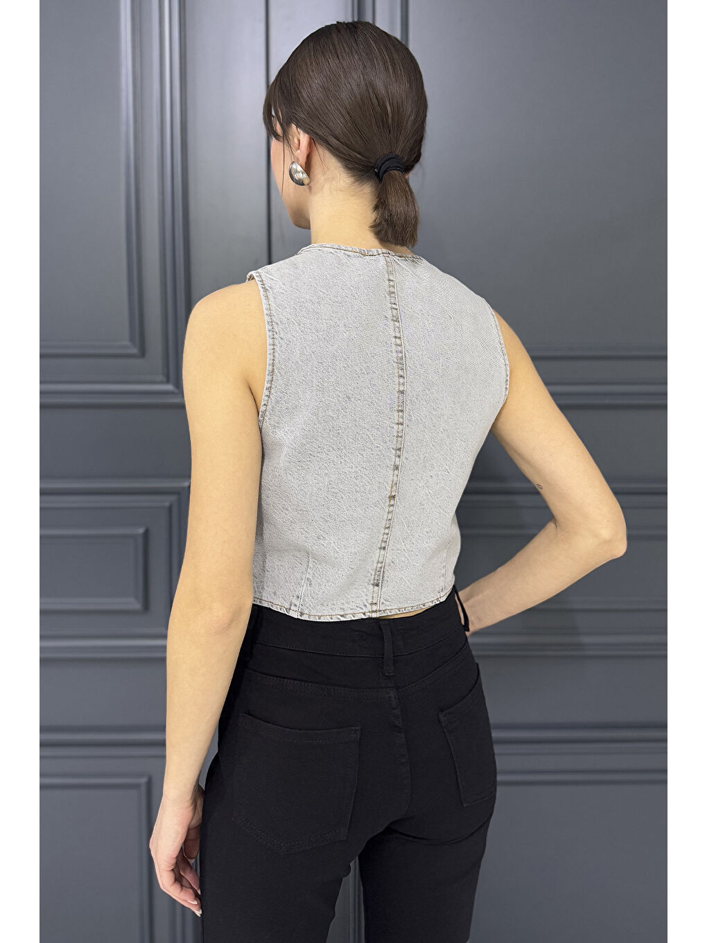 Gri Kadın Taşlı Jean Yelek-2
