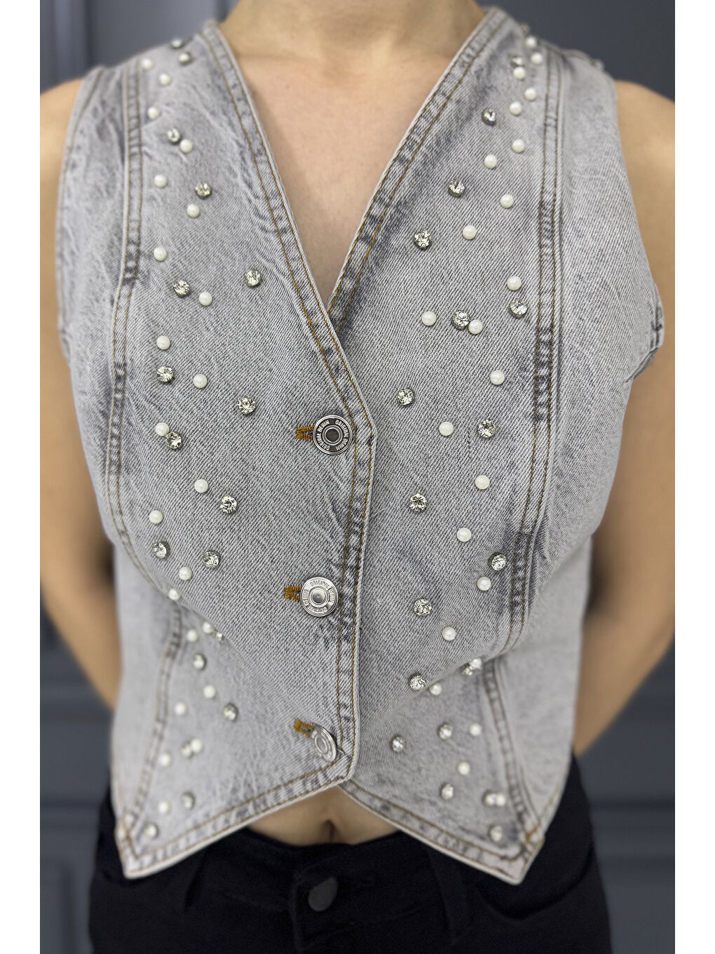 Gri Kadın Taşlı Jean Yelek-3