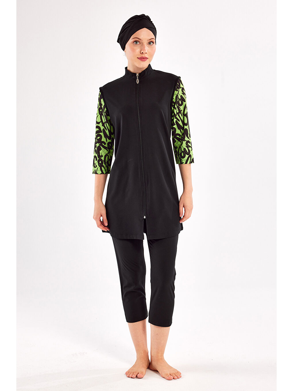 UV Korumalı Spor Elastan Truvakar Kol Yarı Kapalı Tesettür Mayo 1602 Siyah15-1