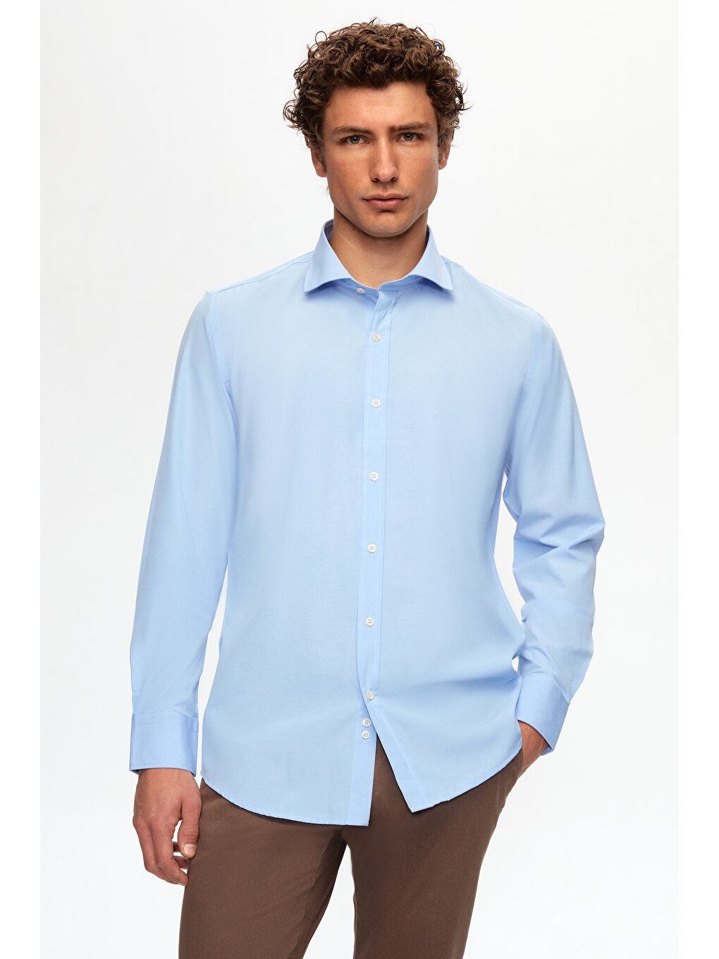 Slim Fit Mavi İtalyan Yaka Dar Kesim Klasik Kravatlık Uzun Kol Kolay Ütülenebilir Gömlek-2