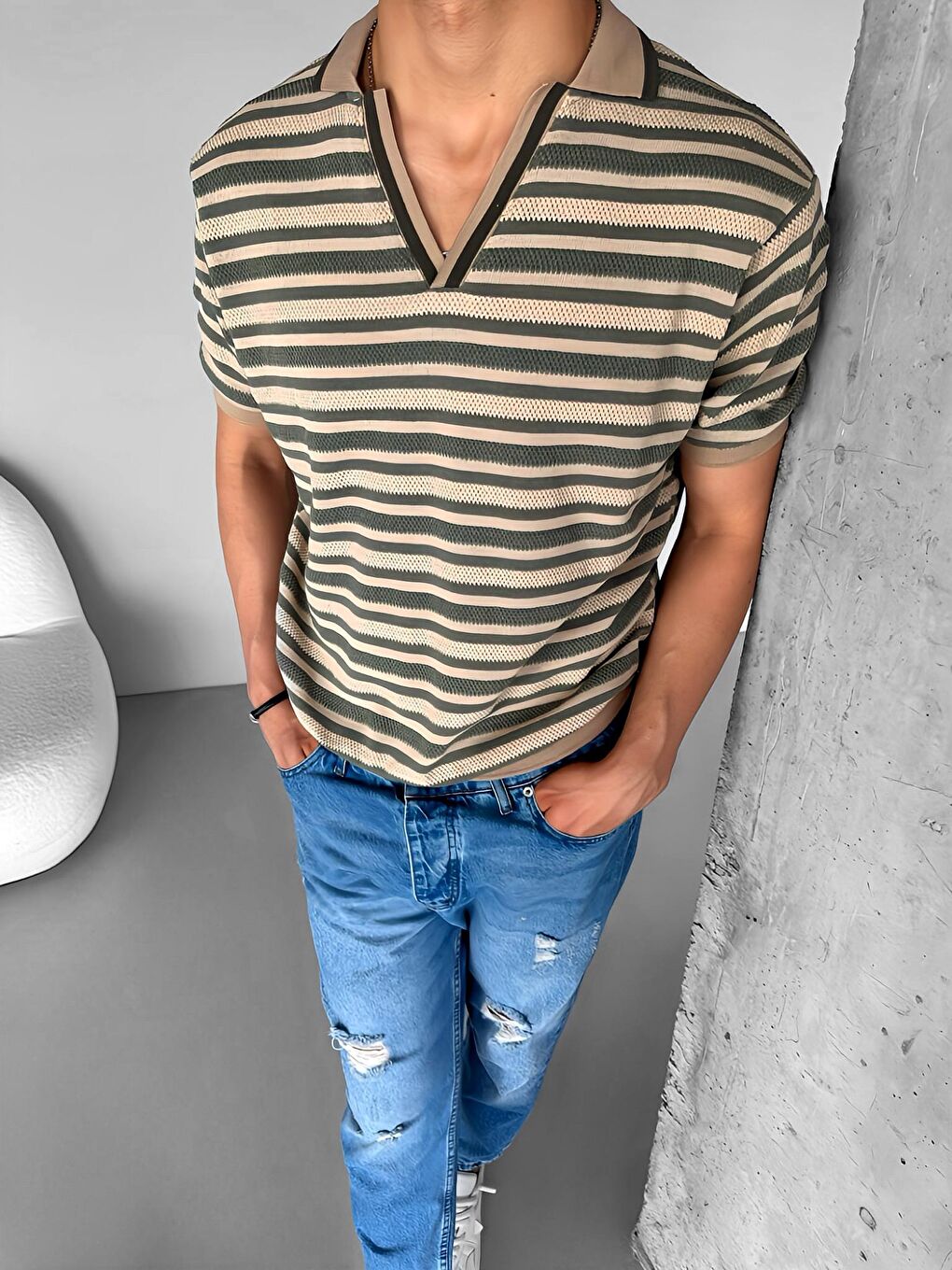 Erkek Oversize Yarım Pat Yaka Fileli Esnek T-Shirt Bej Yeşil-2