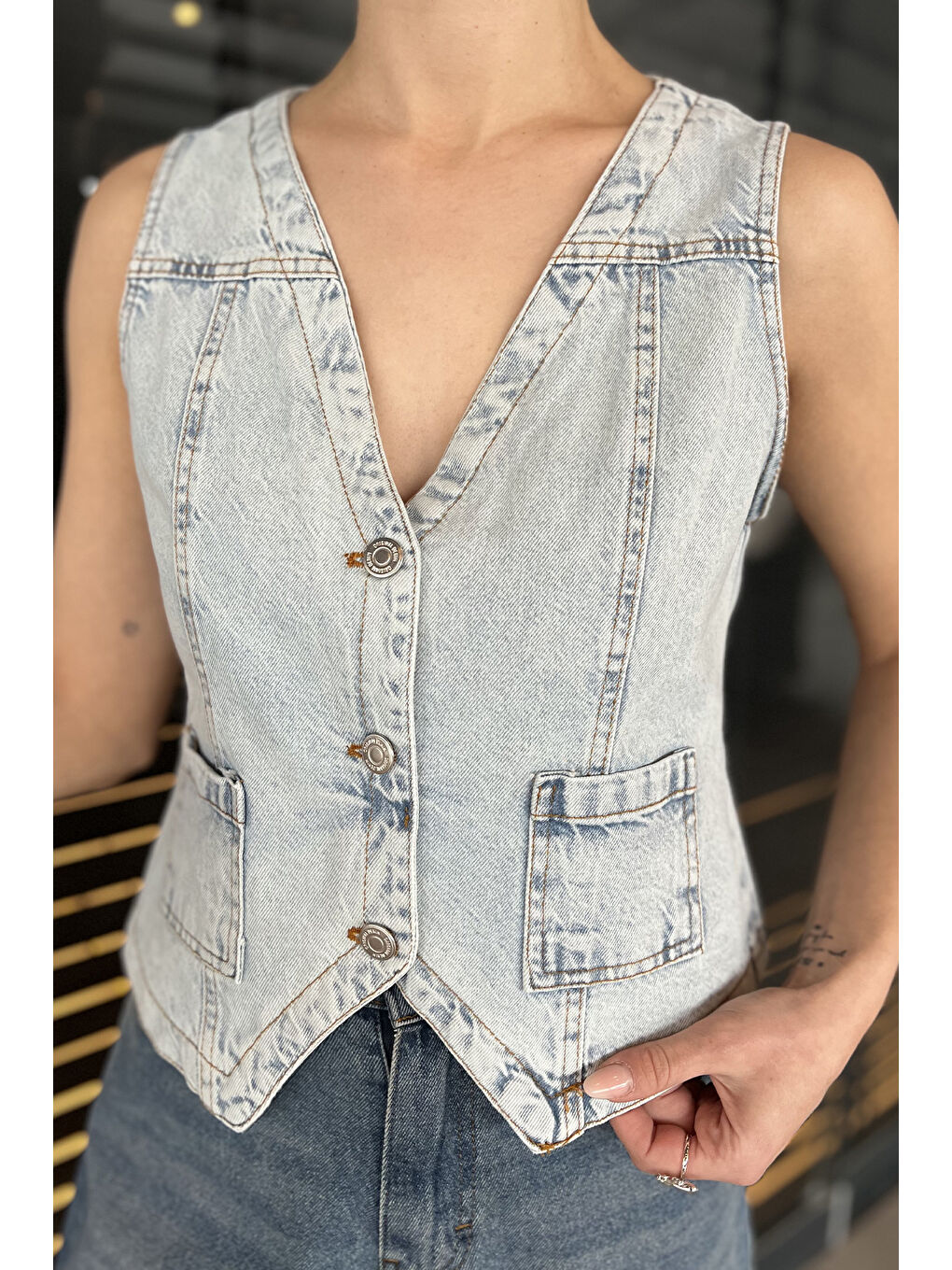 Mavi Kadın Cepli Jean Yelek-3