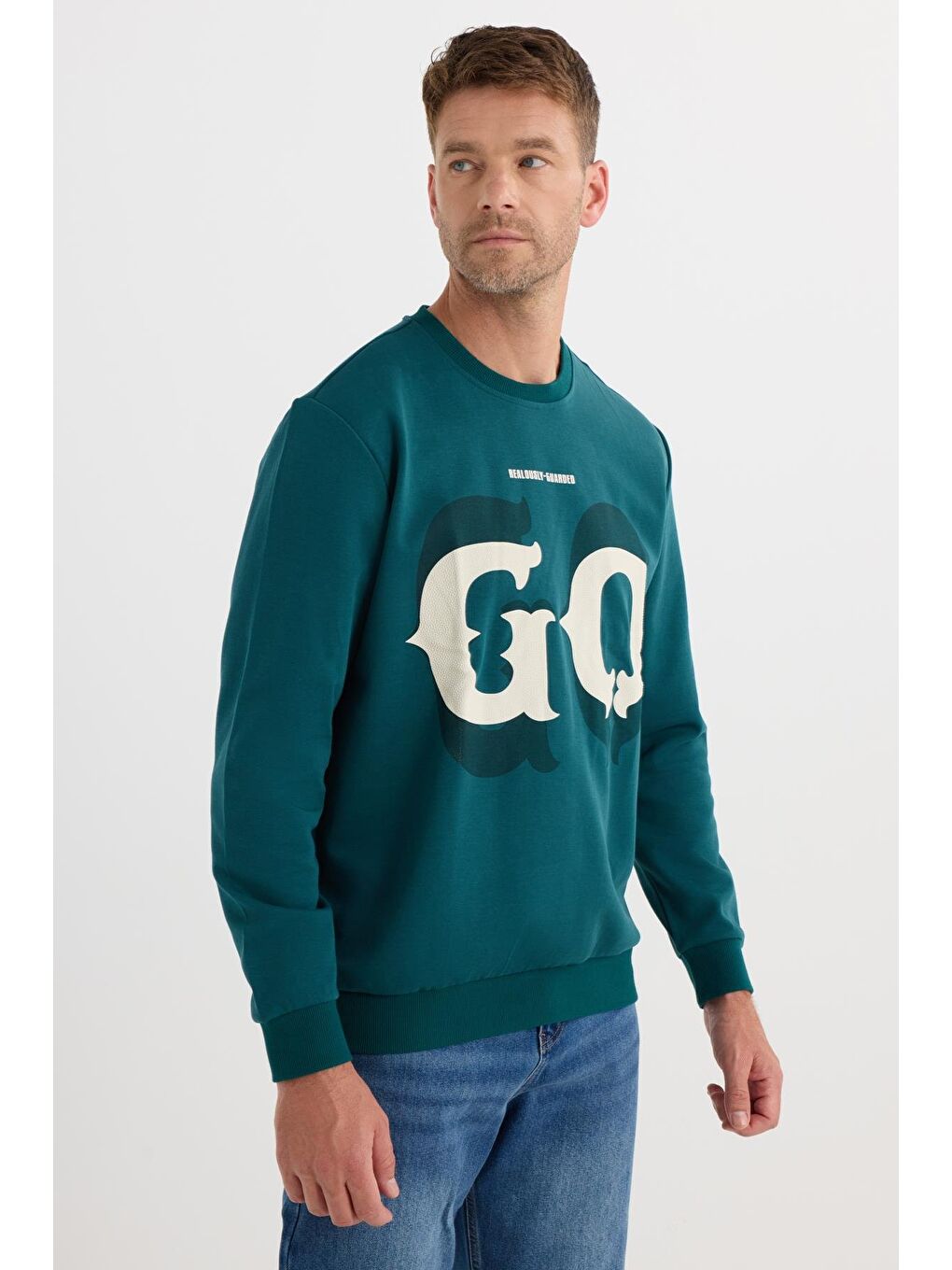 Erkek Relax Fit Rahat Kesim Pamuklu Lastikli Kol Bisiklet Yaka Baskılı Yeşil Sweatshirt