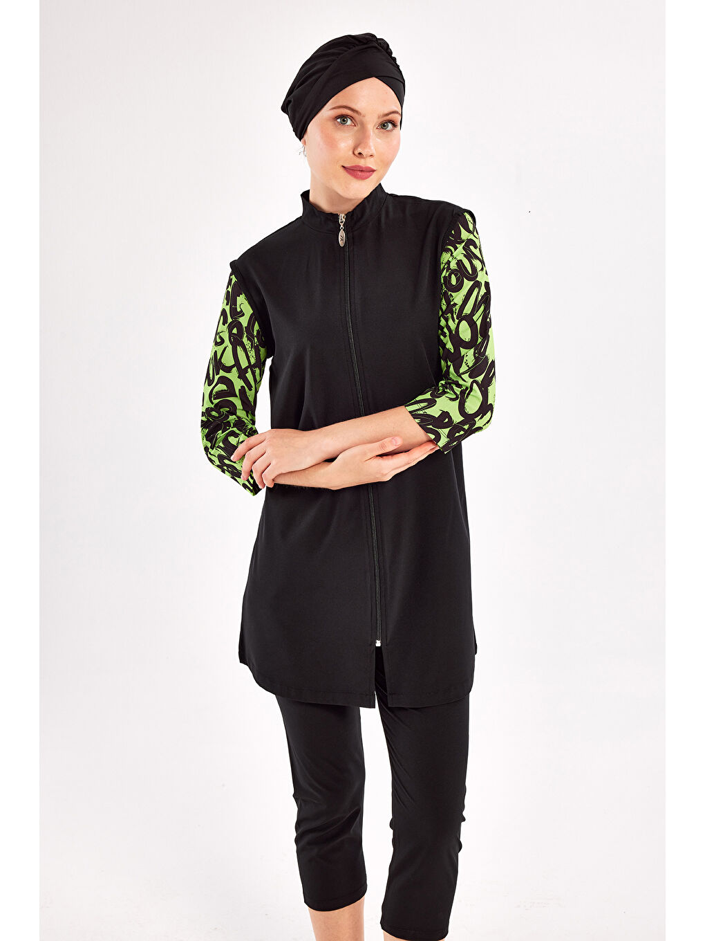 UV Korumalı Spor Elastan Truvakar Kol Yarı Kapalı Tesettür Mayo 1602 Siyah15-2
