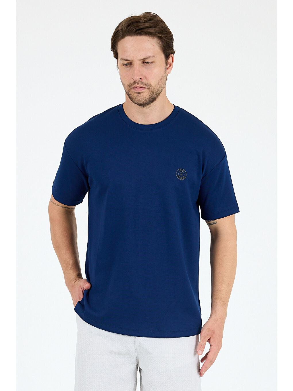 Lacivert Oversize Bisiklet Yaka Kısa Kollu Erkek TShirt Salaş Rahat Kalıp Yazlık Erkek Basic Tişört 7840