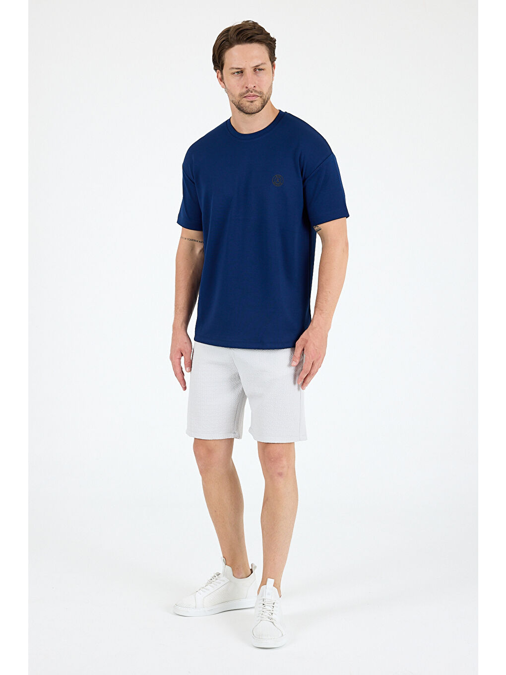 Lacivert Oversize Bisiklet Yaka Kısa Kollu Erkek TShirt Salaş Rahat Kalıp Yazlık Erkek Basic Tişört 7840-2