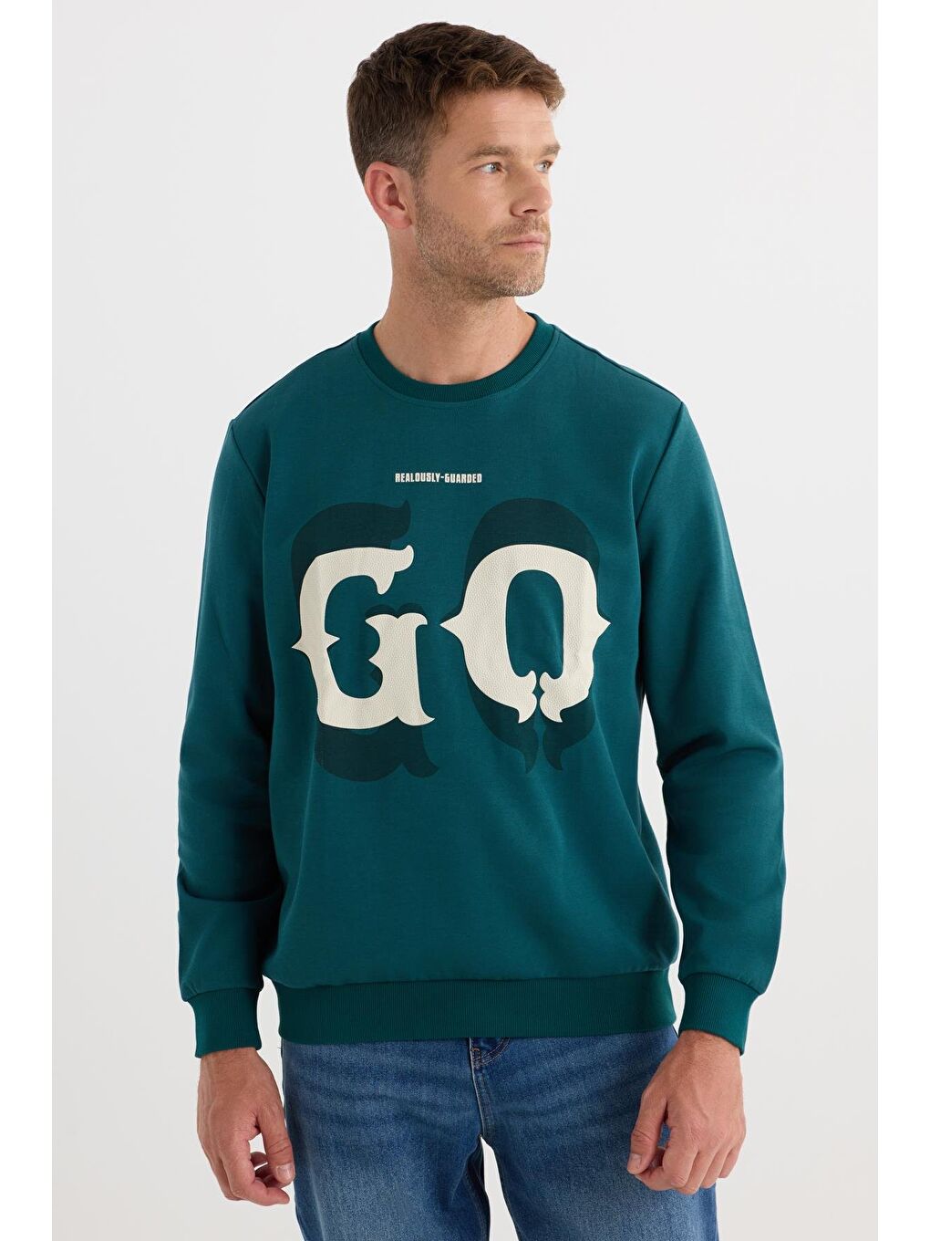 Erkek Relax Fit Rahat Kesim Pamuklu Lastikli Kol Bisiklet Yaka Baskılı Yeşil Sweatshirt-3