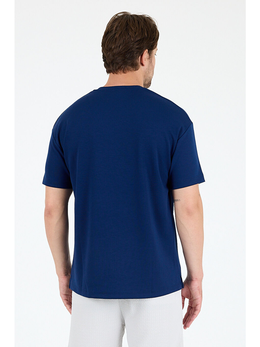 Lacivert Oversize Bisiklet Yaka Kısa Kollu Erkek TShirt Salaş Rahat Kalıp Yazlık Erkek Basic Tişört 7840-4