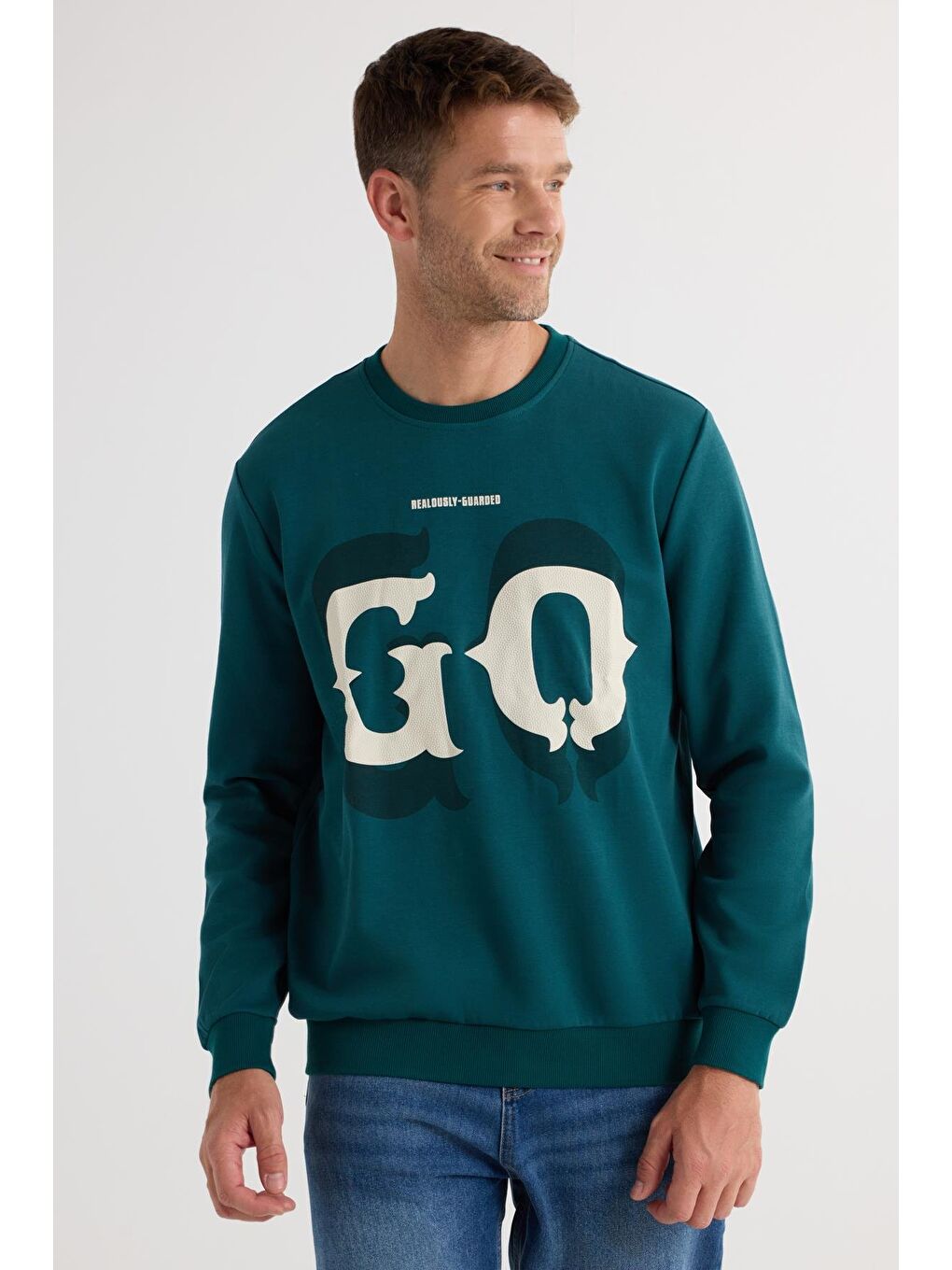 Erkek Relax Fit Rahat Kesim Pamuklu Lastikli Kol Bisiklet Yaka Baskılı Yeşil Sweatshirt-4