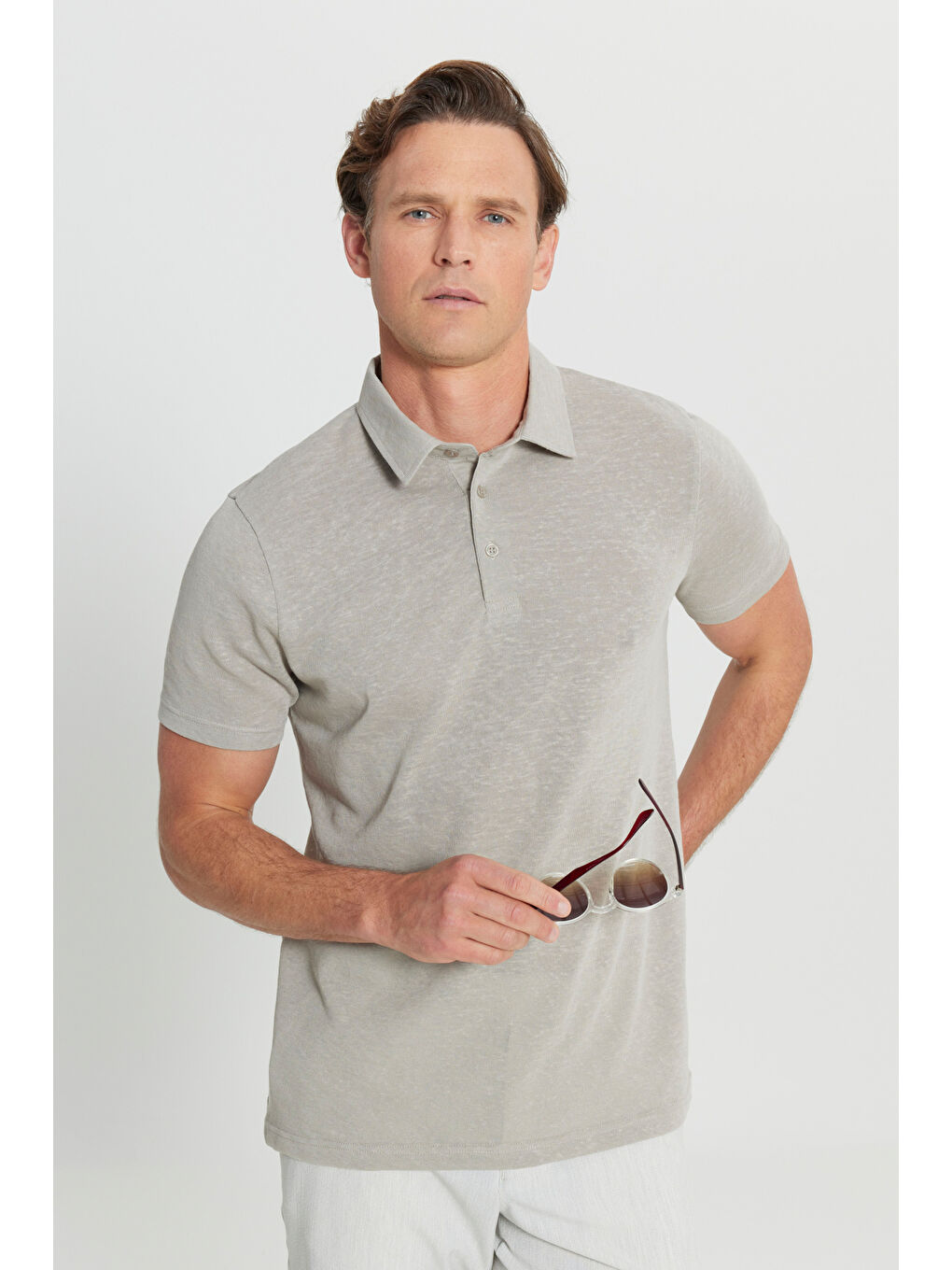 Erkek Gri Pamuklu Slim Fit Dar Kesim Polo Yaka Tişört-2