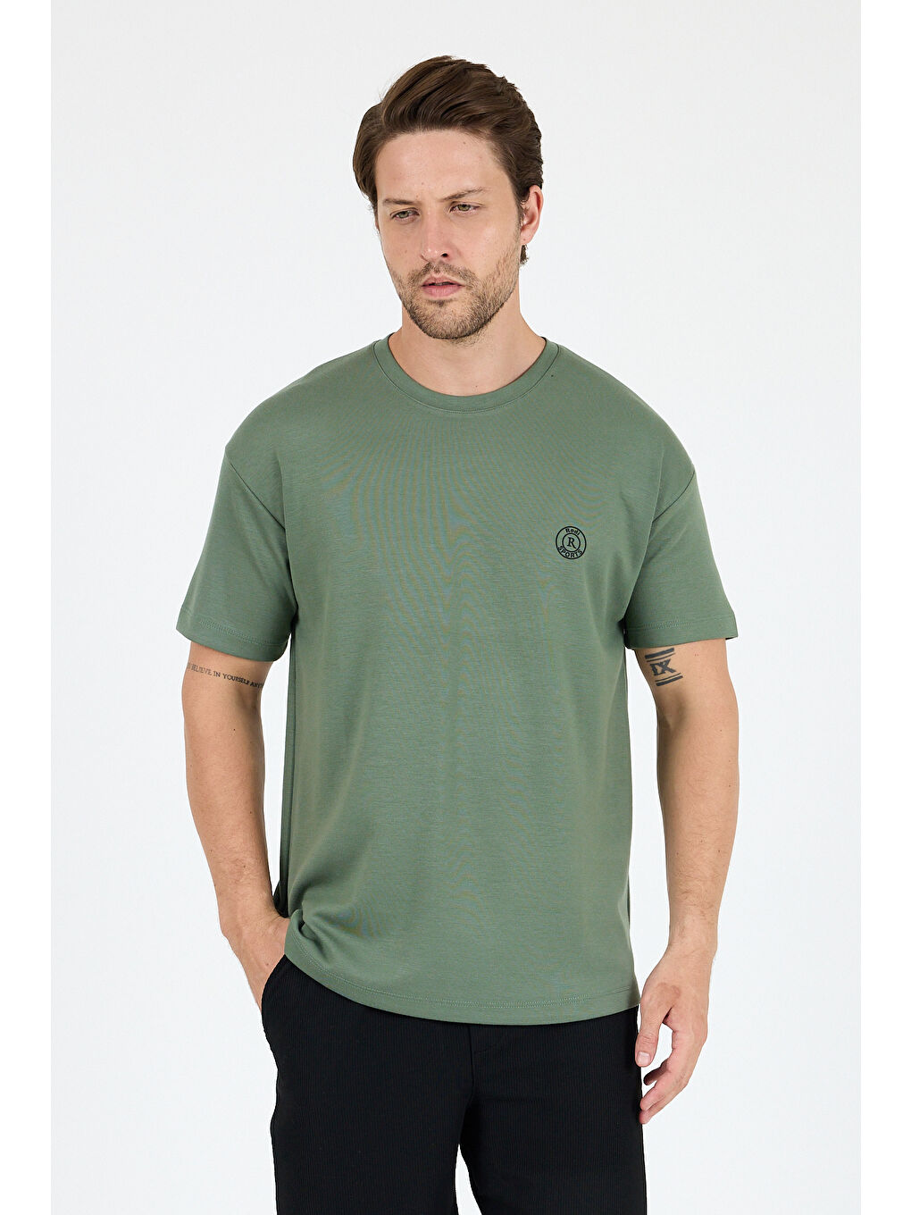 Yeşil Oversize Bisiklet Yaka Kısa Kollu Erkek TShirt Salaş Rahat Kalıp Yazlık Erkek Basic Tişört 7840