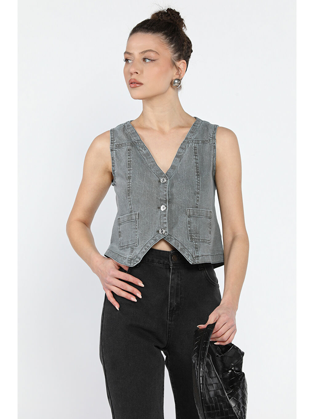 Gri Kadın Cepli Jean Yelek-1