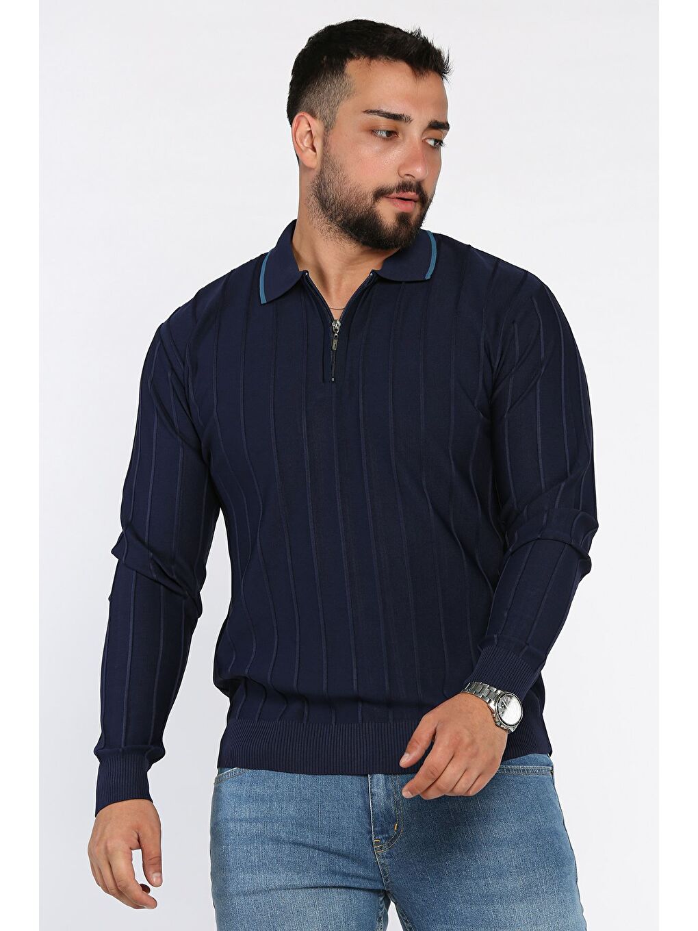 Lacivert Polo Yaka Fermuarlı Triko Kazak-1