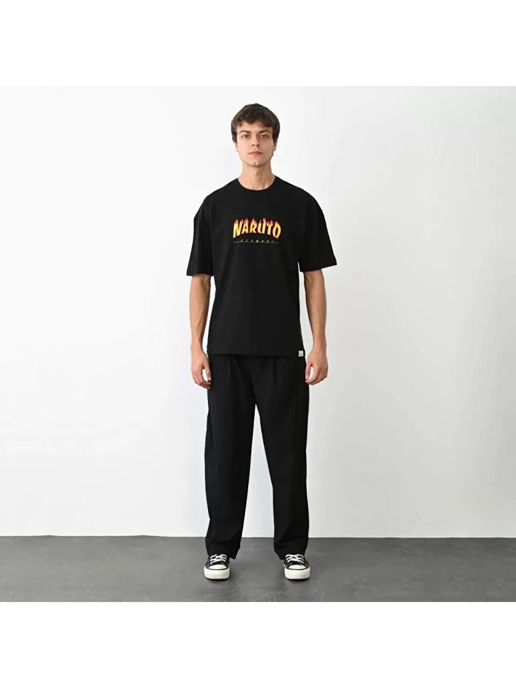 Unisex Bisiklet Yaka Baskılı Oversize T-Shirt - Siyah