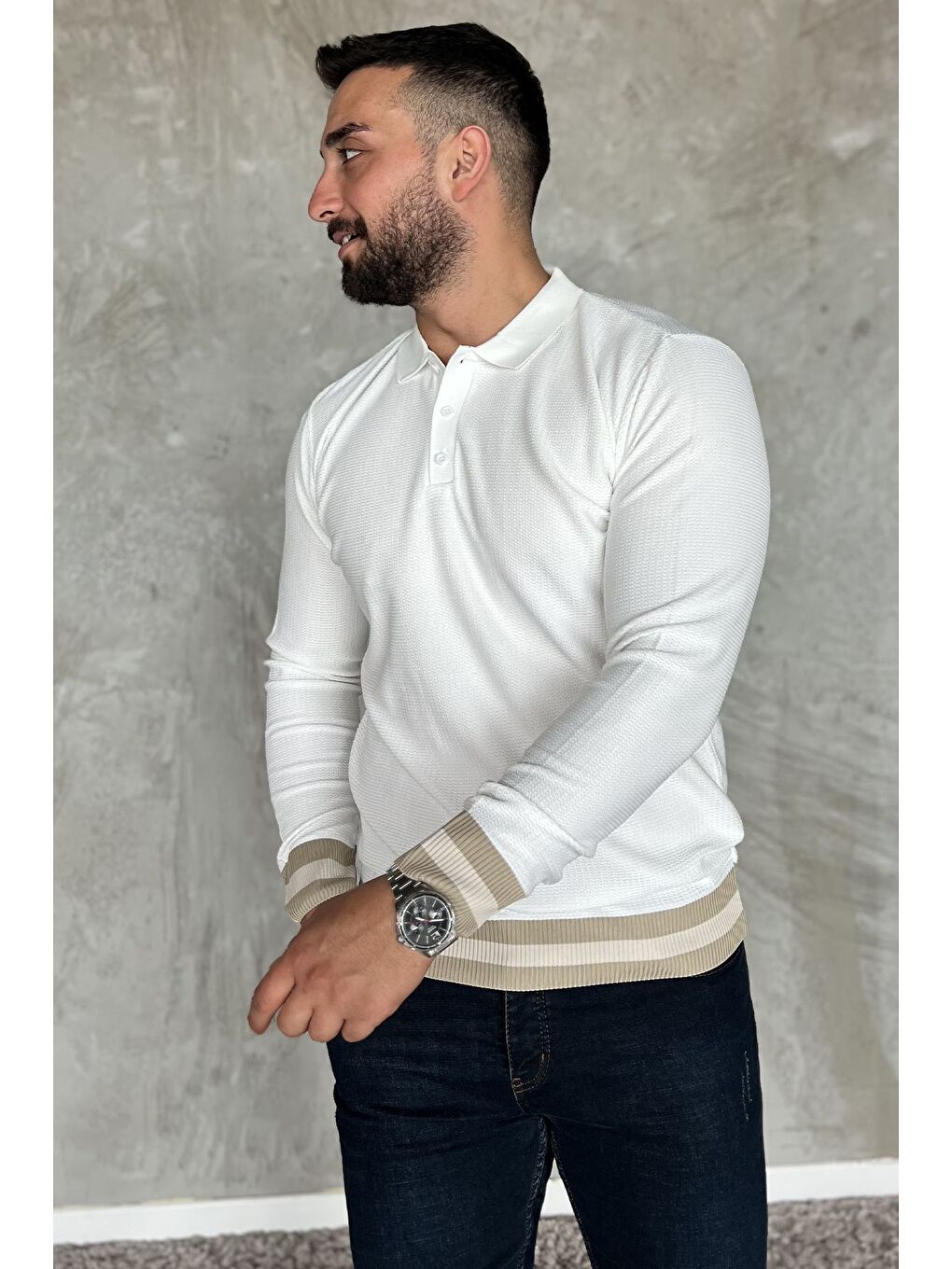 Beyaz Polo Yaka Düğmeli Erkek Triko Kazak-1
