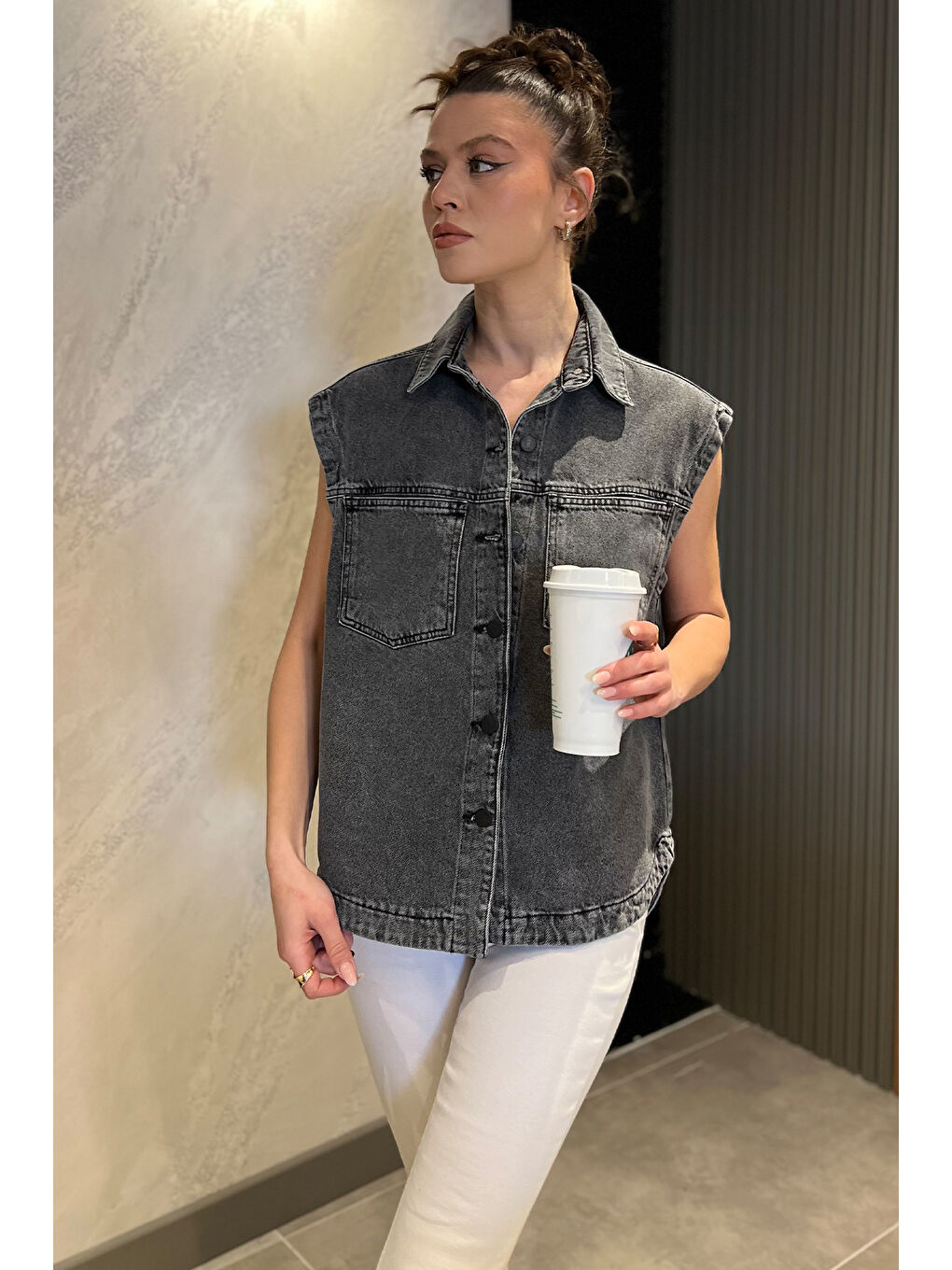 Antrasit Çift Cepli Kadın Jean Yelek-1