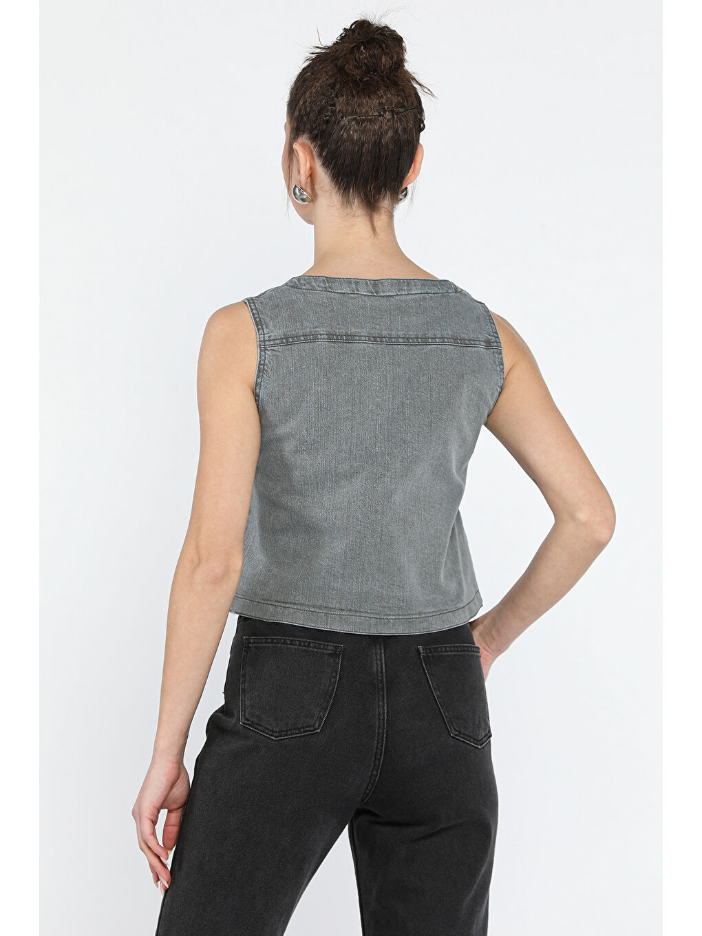 Gri Kadın Cepli Jean Yelek-2