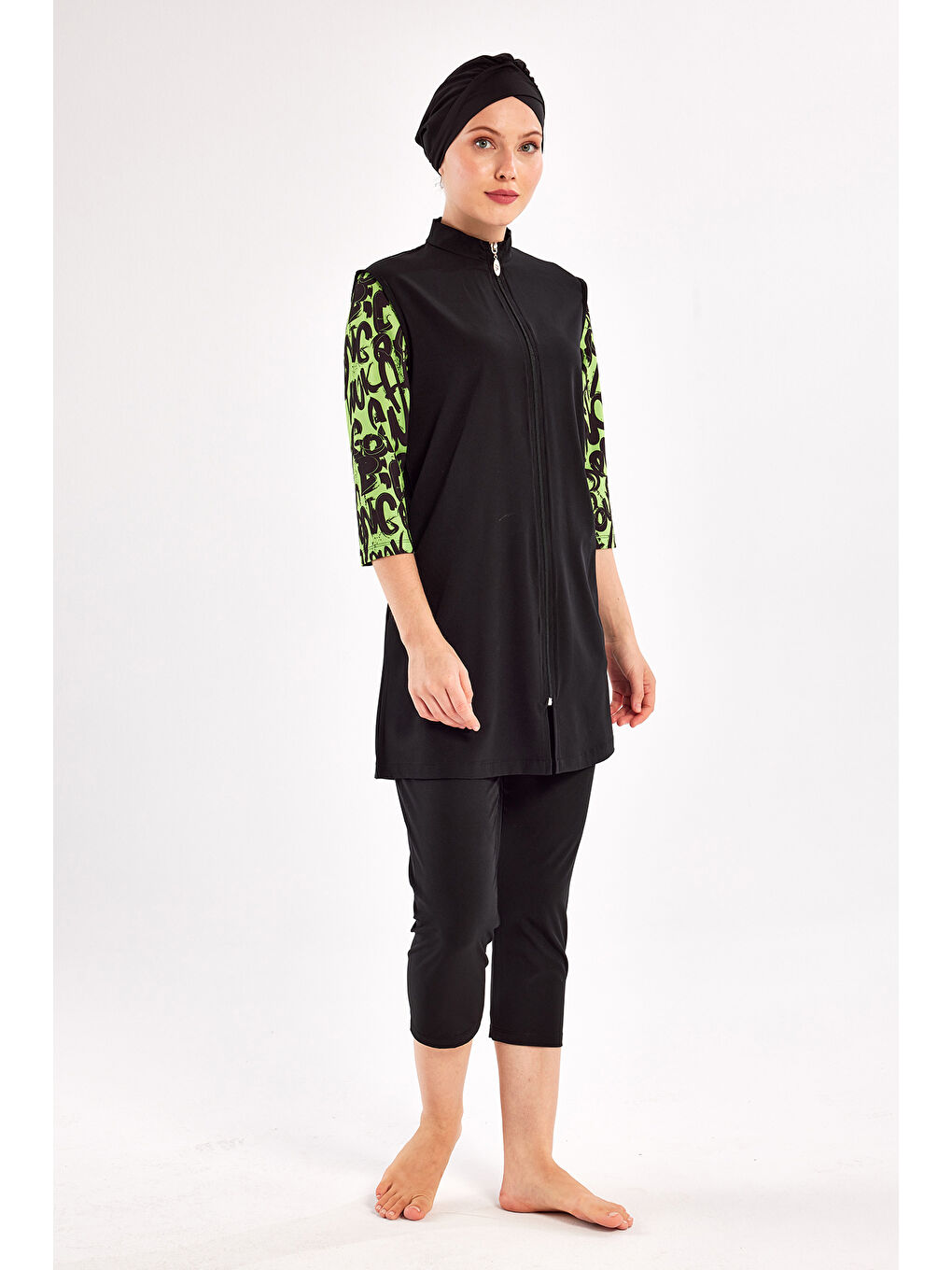 UV Korumalı Spor Elastan Truvakar Kol Yarı Kapalı Tesettür Mayo 1602 Siyah15-4