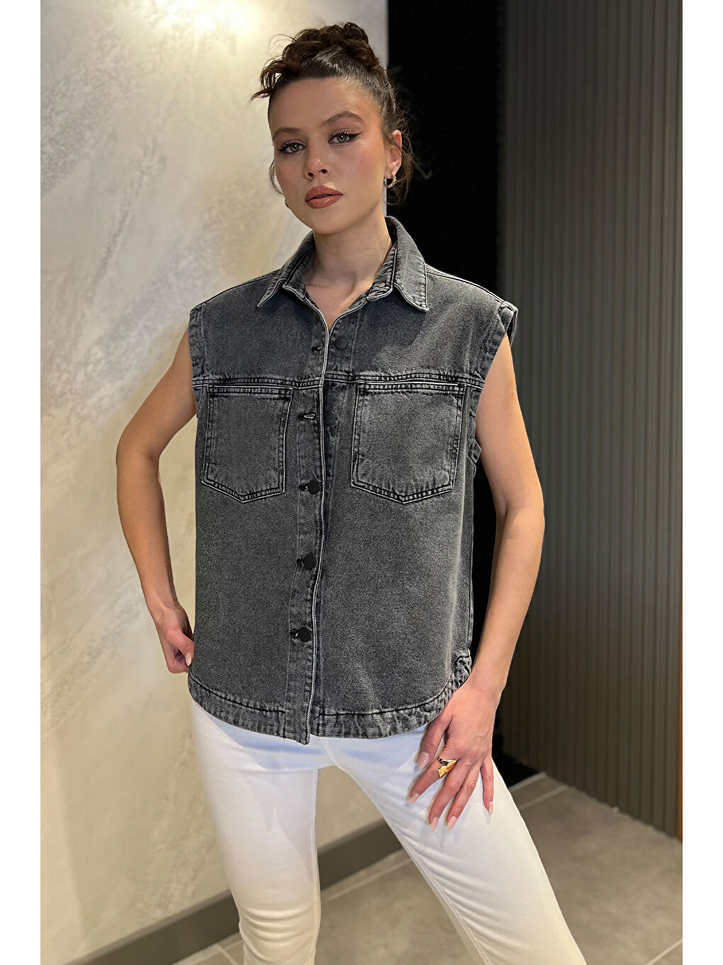 Antrasit Çift Cepli Kadın Jean Yelek-2