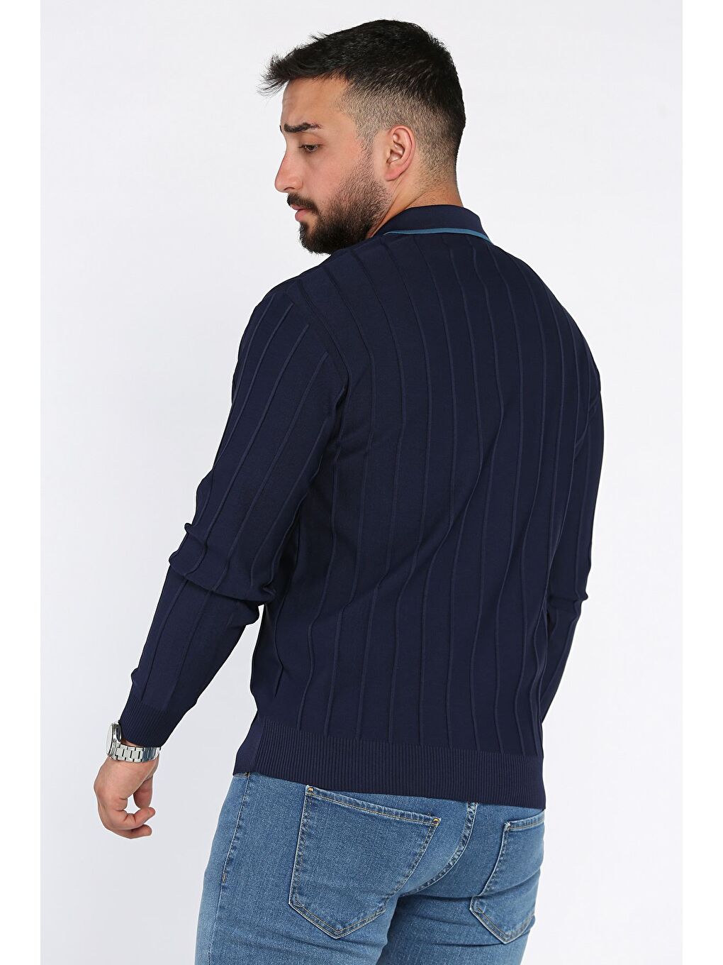 Lacivert Polo Yaka Fermuarlı Triko Kazak-2