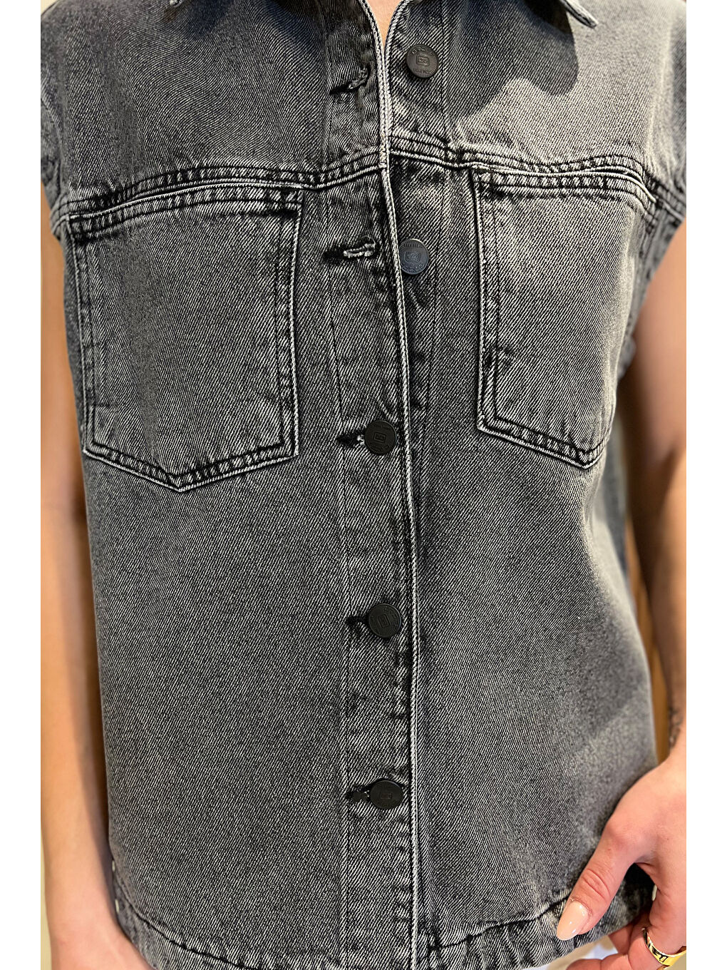 Antrasit Çift Cepli Kadın Jean Yelek-3