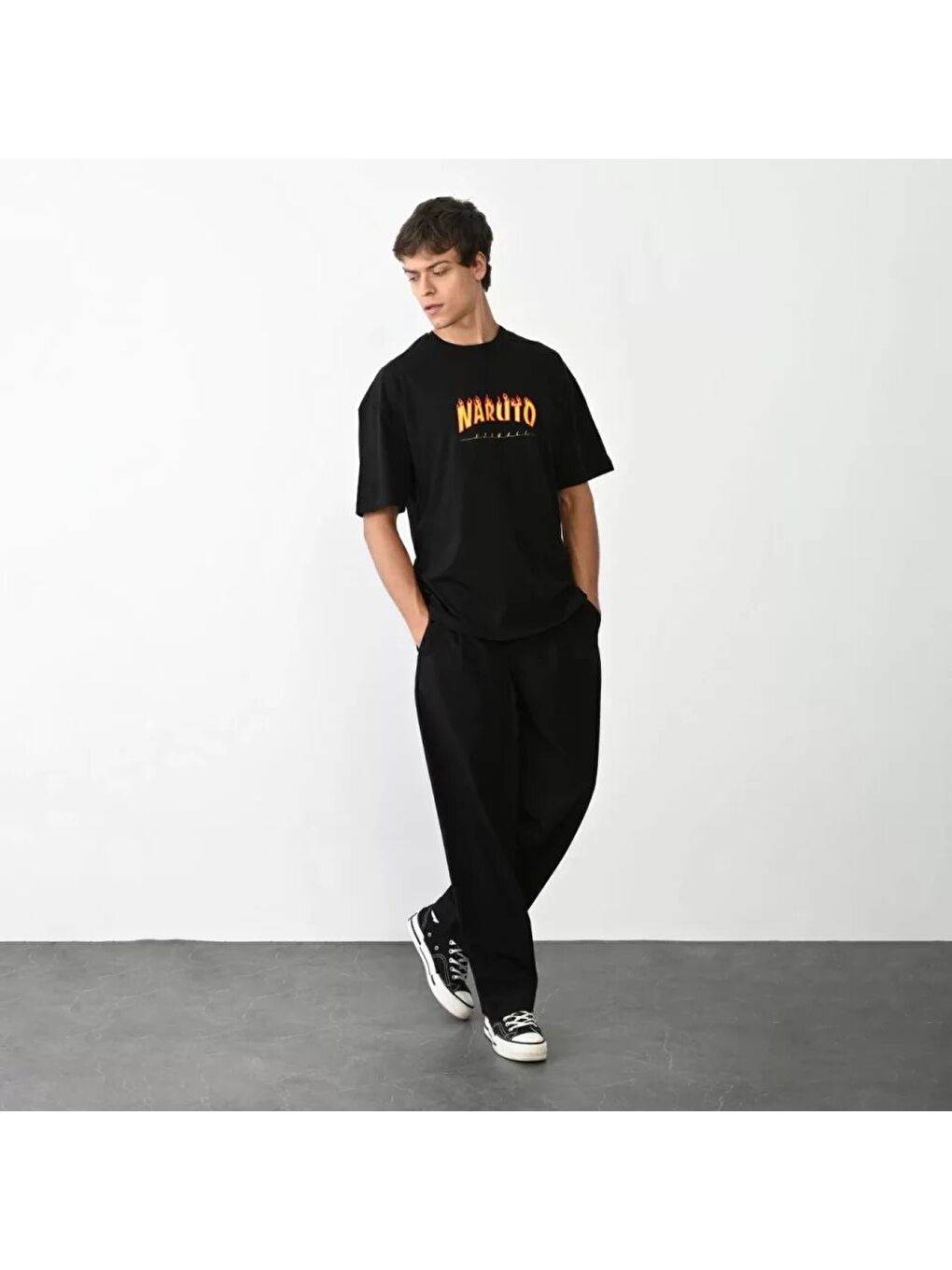 Unisex Bisiklet Yaka Baskılı Oversize T-Shirt - Siyah-1