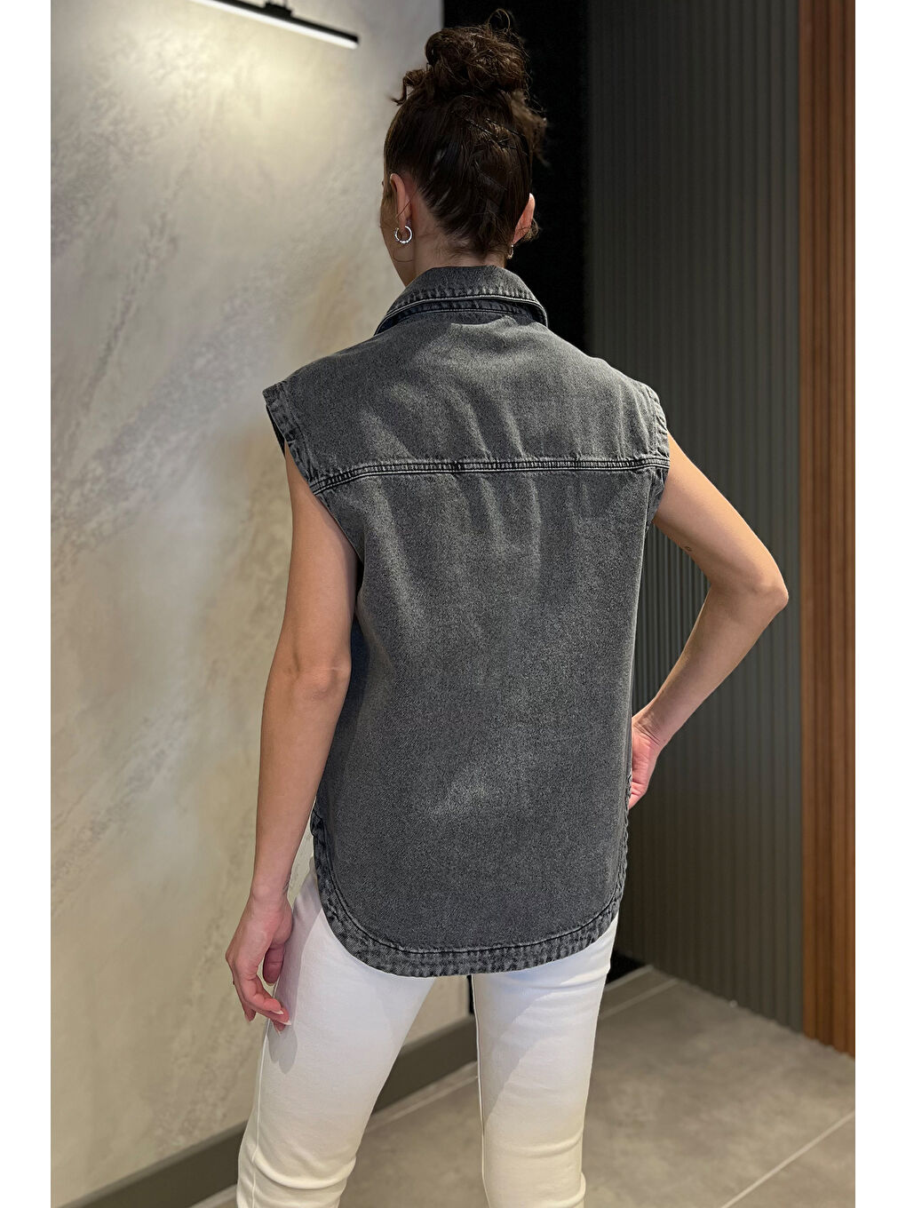 Antrasit Çift Cepli Kadın Jean Yelek-4