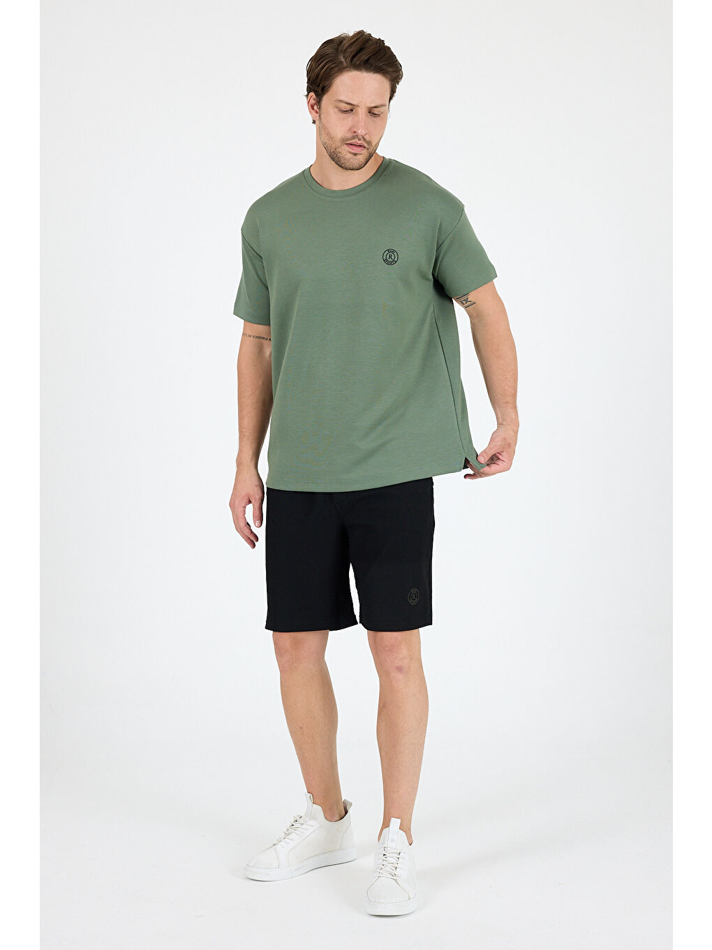 Yeşil Oversize Bisiklet Yaka Kısa Kollu Erkek TShirt Salaş Rahat Kalıp Yazlık Erkek Basic Tişört 7840-2