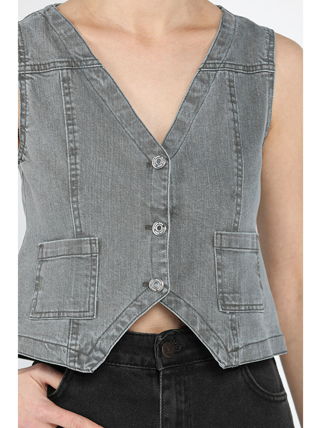 Gri Kadın Cepli Jean Yelek-3
