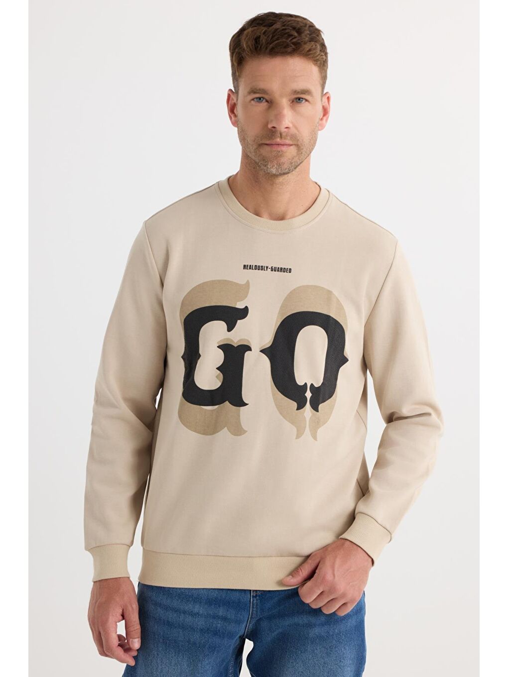 Erkek Relax Fit Rahat Kesim Pamuklu Lastikli Kol Bisiklet Yaka Baskılı Bej Sweatshirt