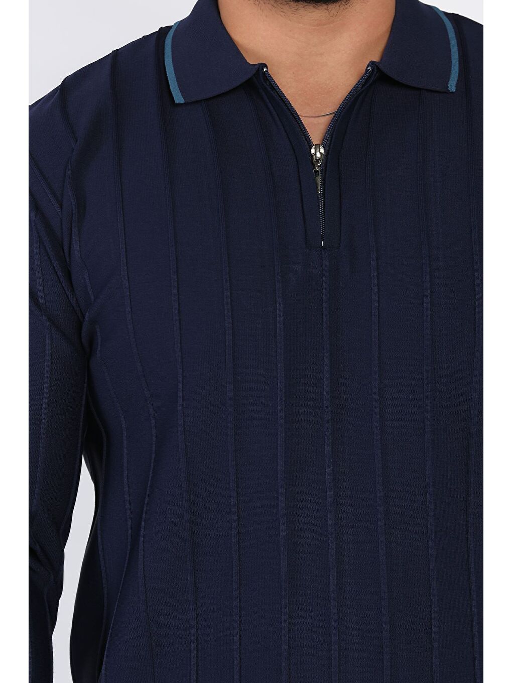 Lacivert Polo Yaka Fermuarlı Triko Kazak-3