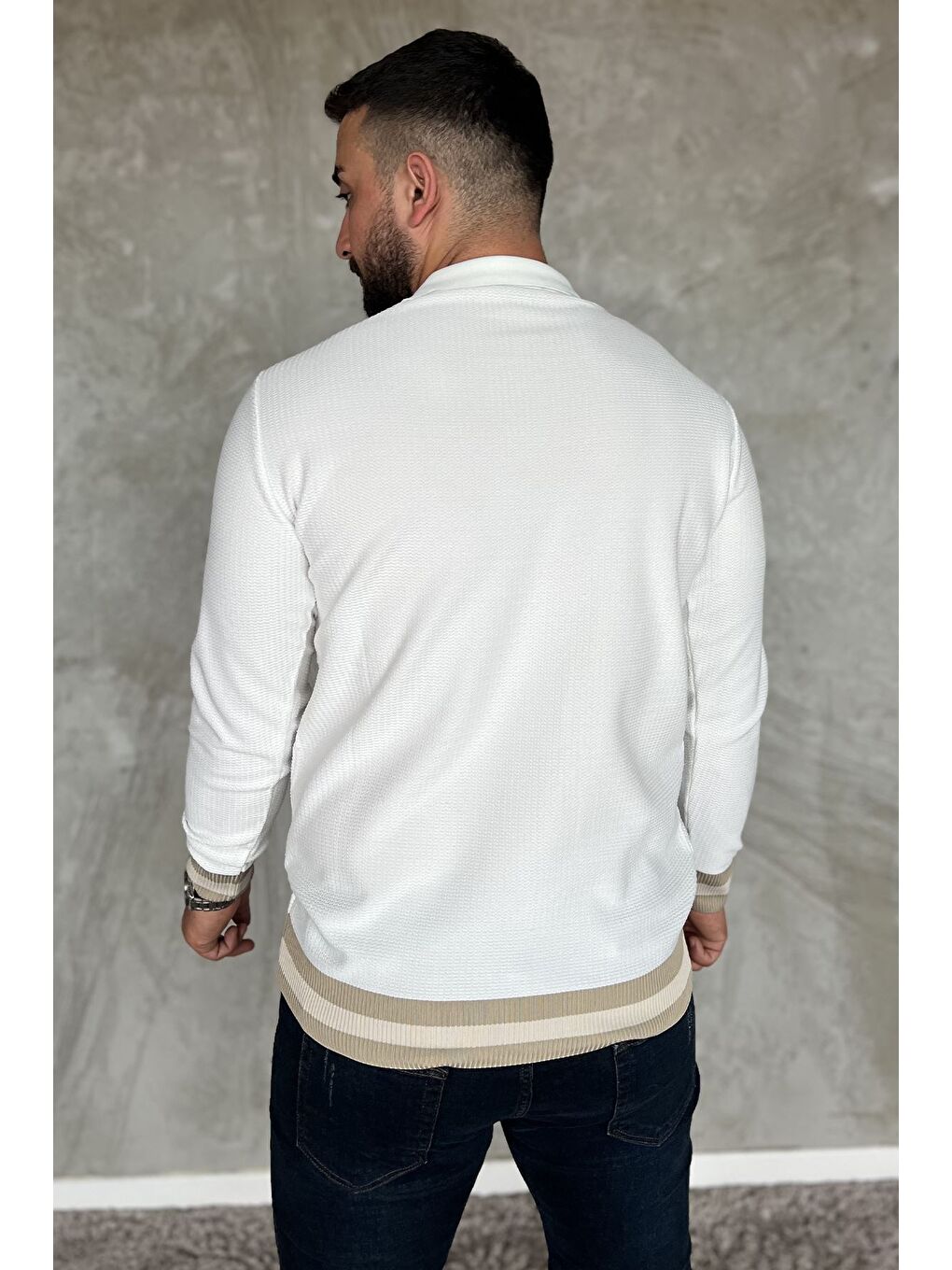 Beyaz Polo Yaka Düğmeli Erkek Triko Kazak-2