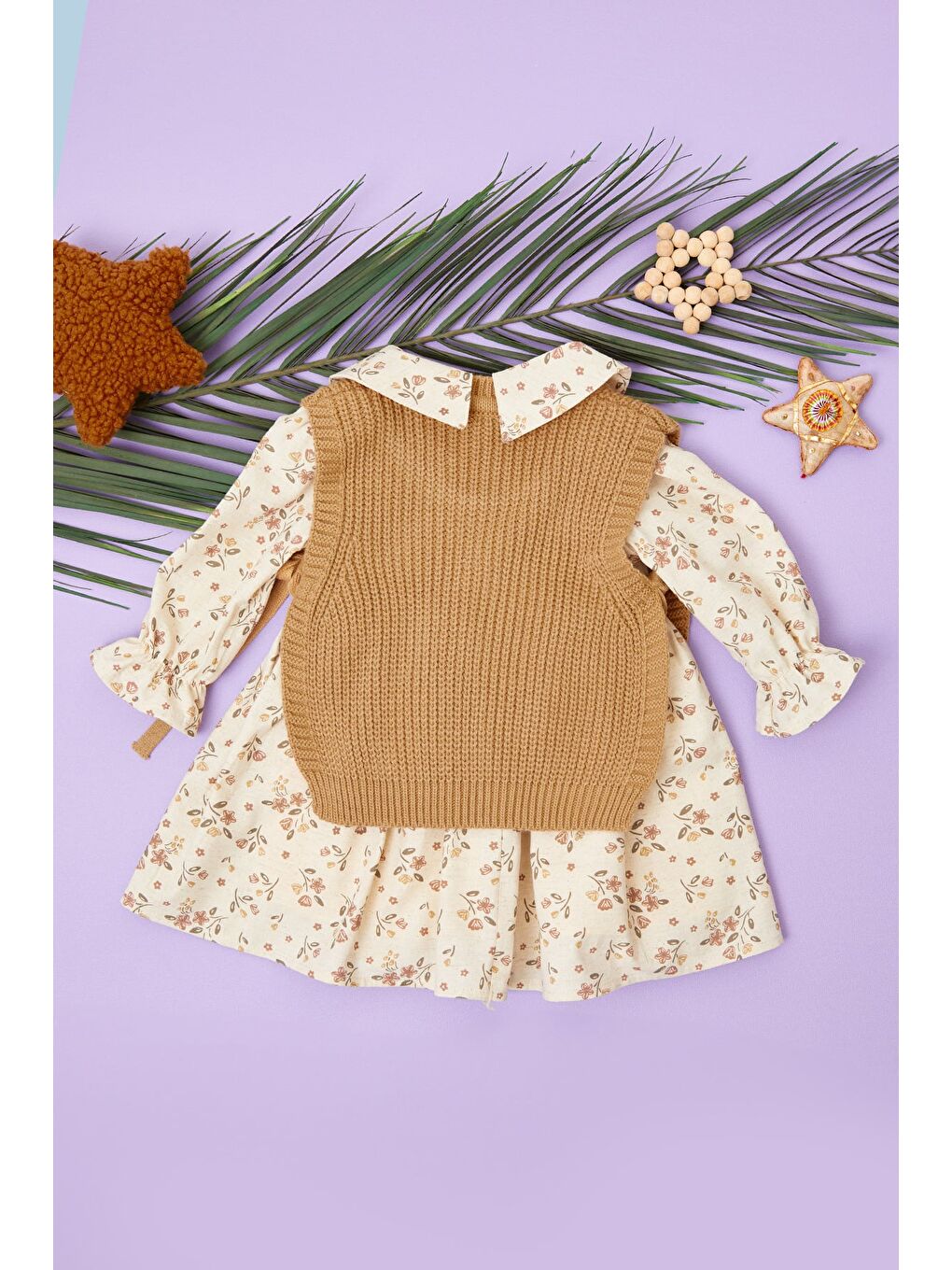 Kahverengi Çiçekli Triko Süveterli Kız Çocuk Elbise-2
