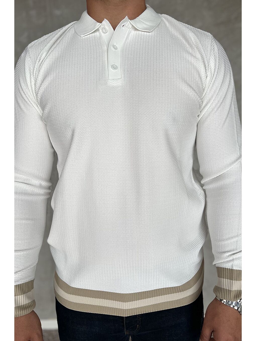 Beyaz Polo Yaka Düğmeli Erkek Triko Kazak-3
